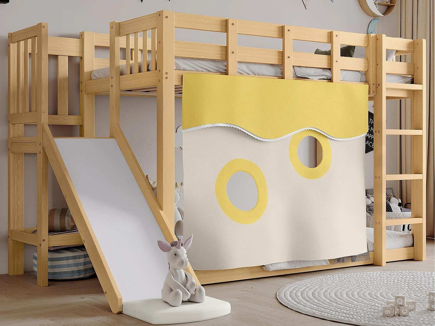 Lit superposé 90x200cm - avec échelle et rambarde - avec rideaux de lit et toboggan - MDF + bois massif - Naturel