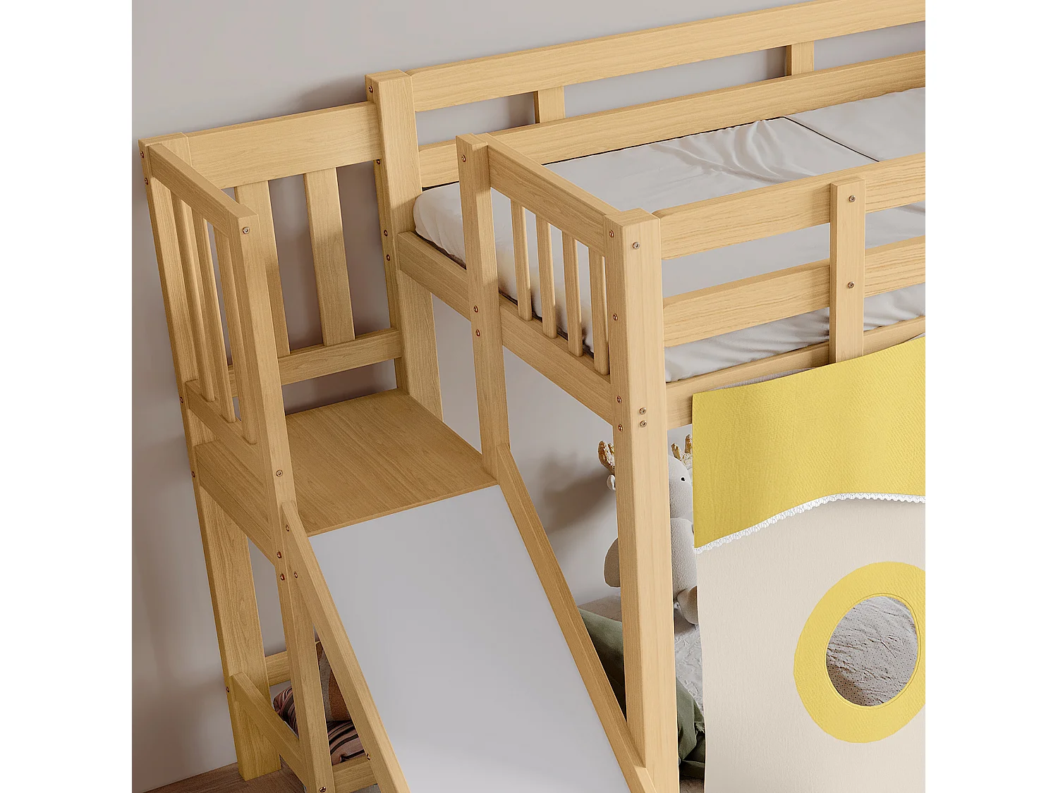 Lit superposé 90x200cm - avec échelle et rambarde - avec rideaux de lit et toboggan - MDF + bois massif - Naturel