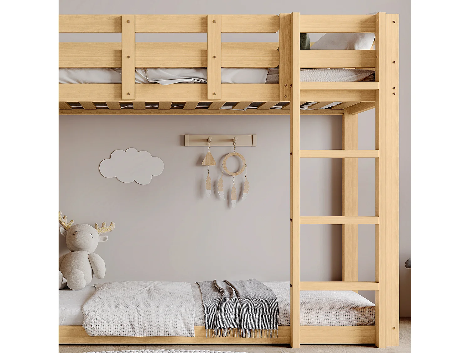 Lit superposé 90x200cm - avec échelle et rambarde - avec rideaux de lit et toboggan - MDF + bois massif - Naturel