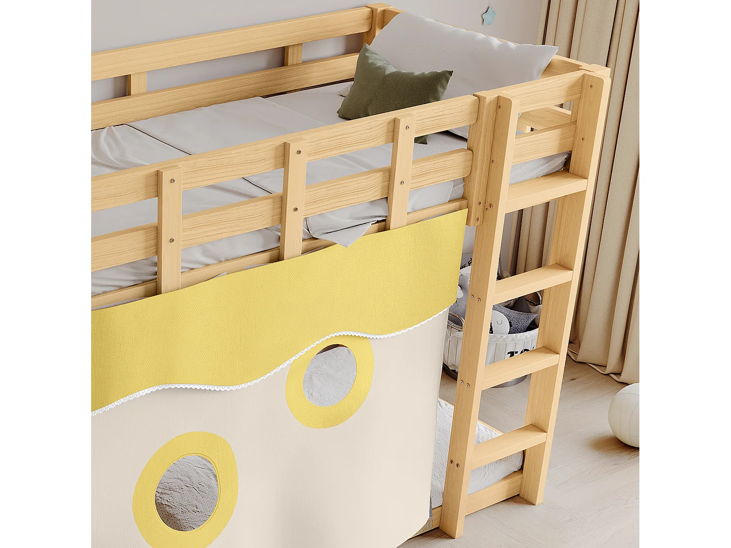 Lit superposé 90x200cm - avec échelle et rambarde - avec rideaux de lit et toboggan - MDF + bois massif - Naturel