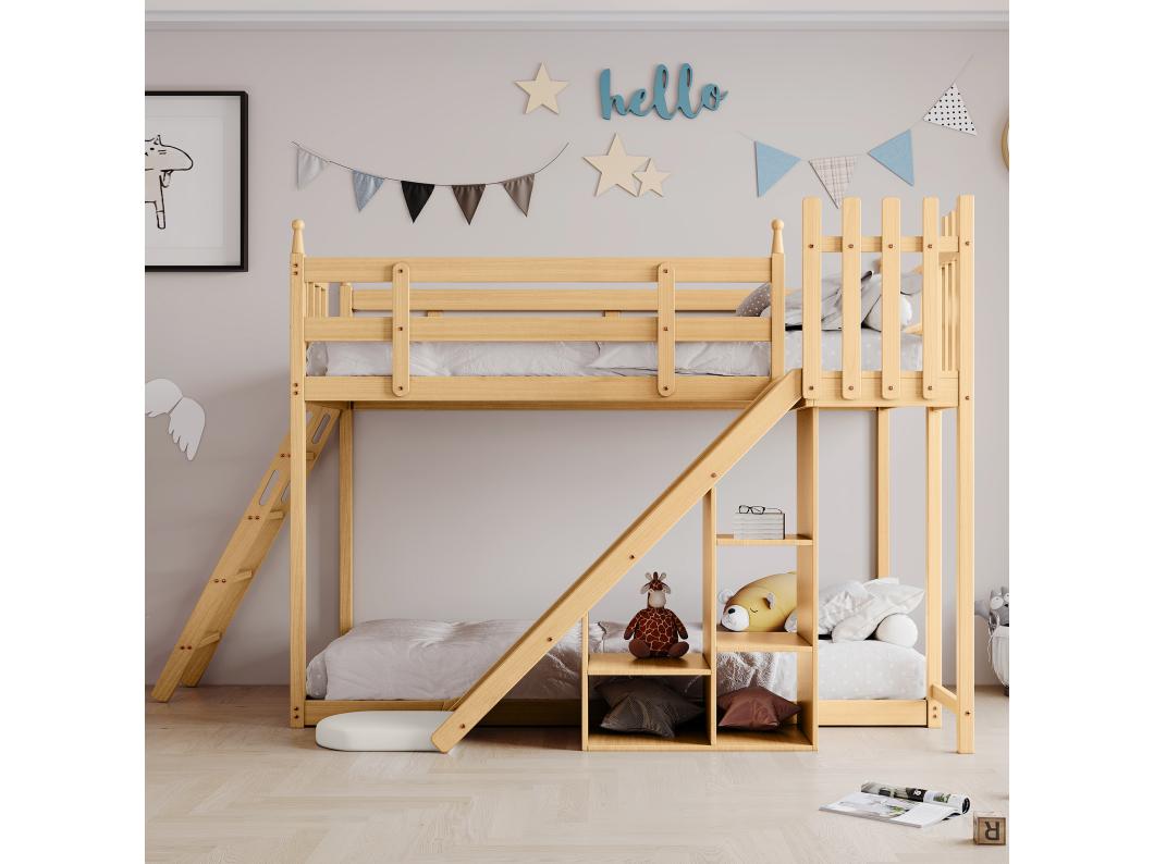 Letto a castello 90x200 cm in pino massiccio con scaletta e scivolo portaoggetti - Naturale