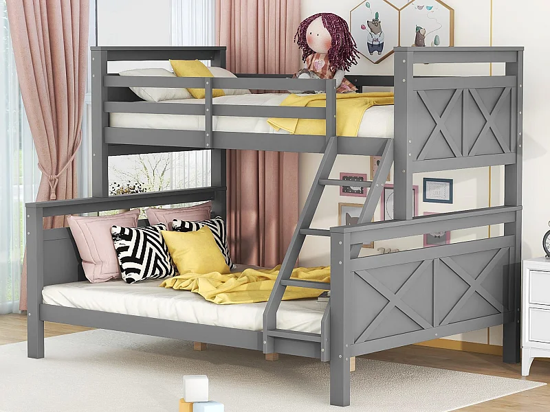 Lit superposé 90/140x200cm en bois de pin - avec barrières et échelle - Gris