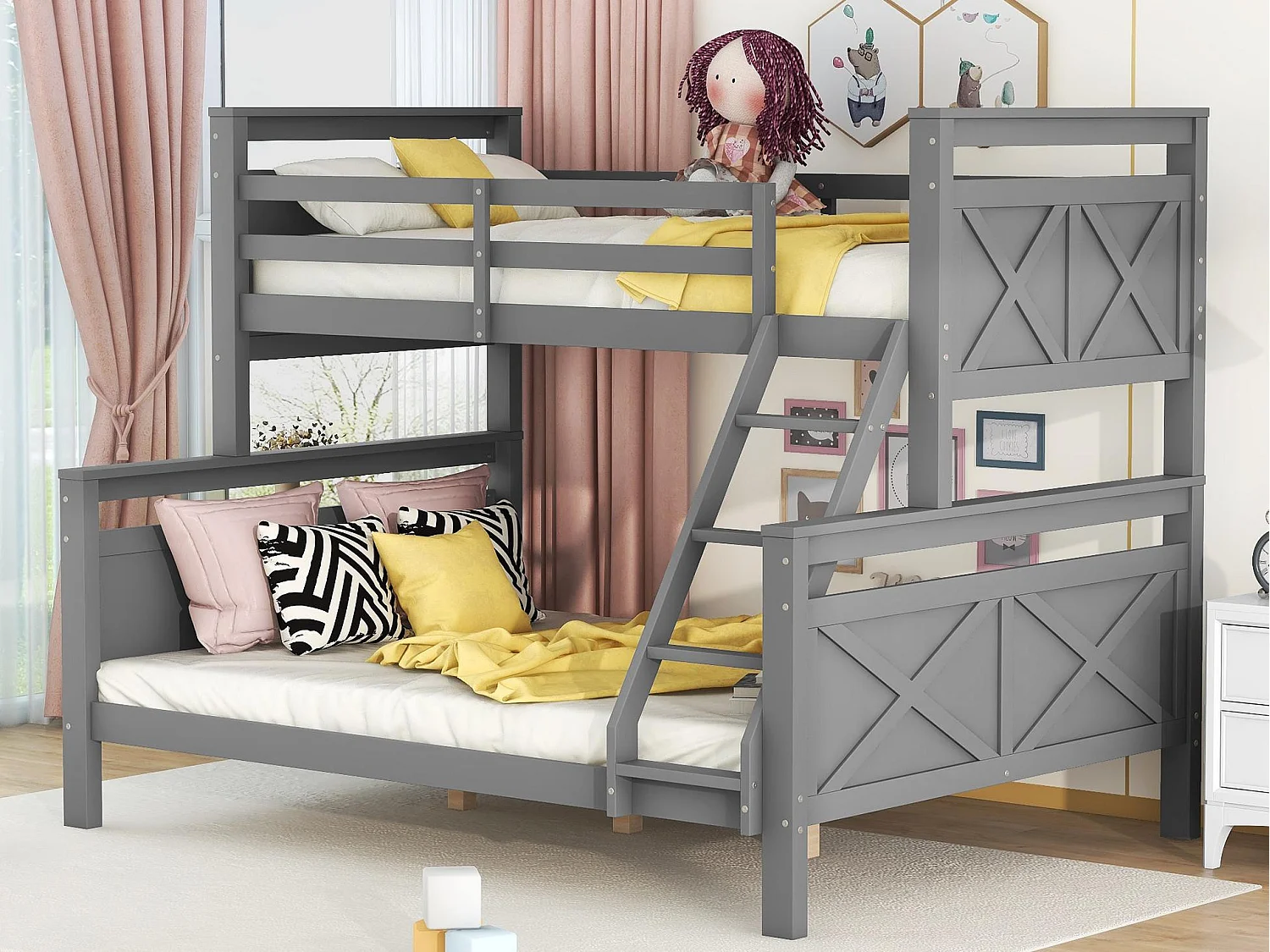 Etagenbett 90/140x200cm aus Kiefernholz – mit Barrieren und Leiter – Grau