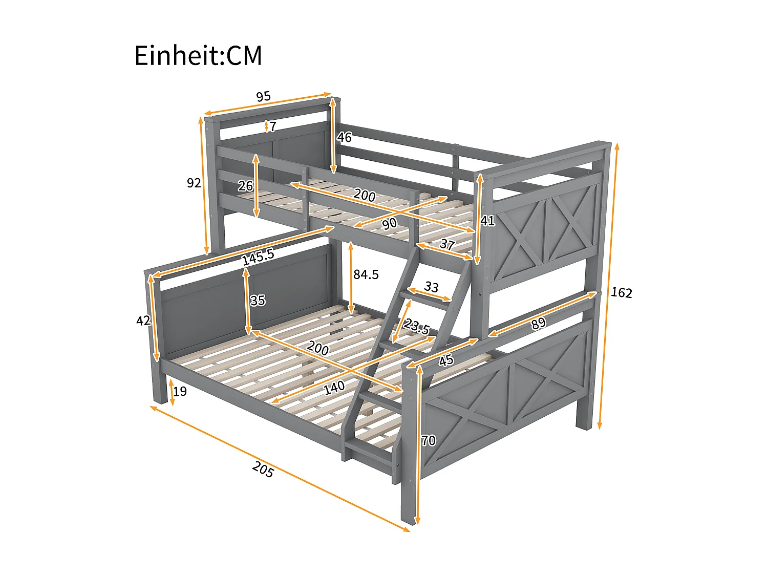 Etagenbett 90/140x200cm aus Kiefernholz – mit Barrieren und Leiter – Grau