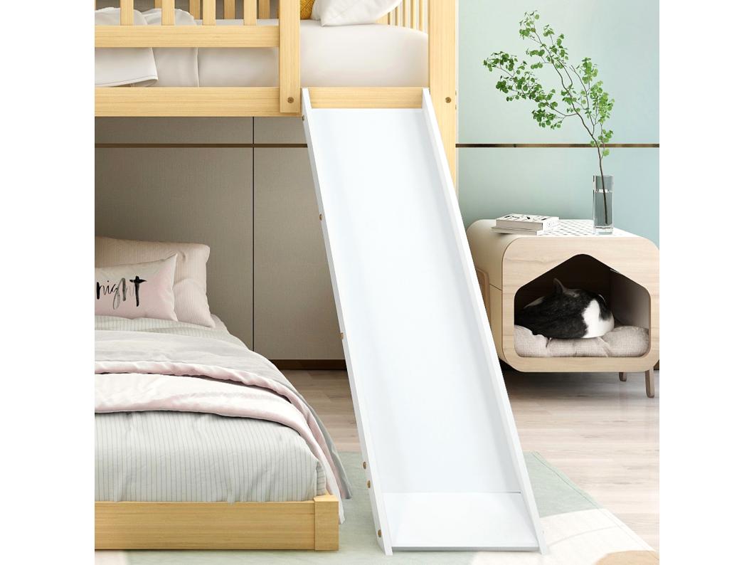 Letto a castello 2x90x200cm in legno massello - con scala portaoggetti e scivolo - reti a doghe - Naturale