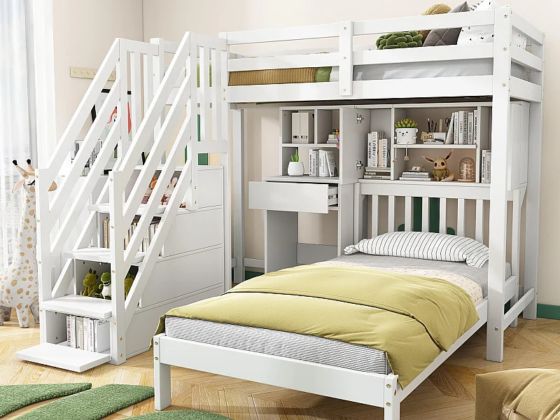 Massief grenen stapelbed - 90x200cm - met opbergtrap, bureau, planken en lattenbodem - Wit