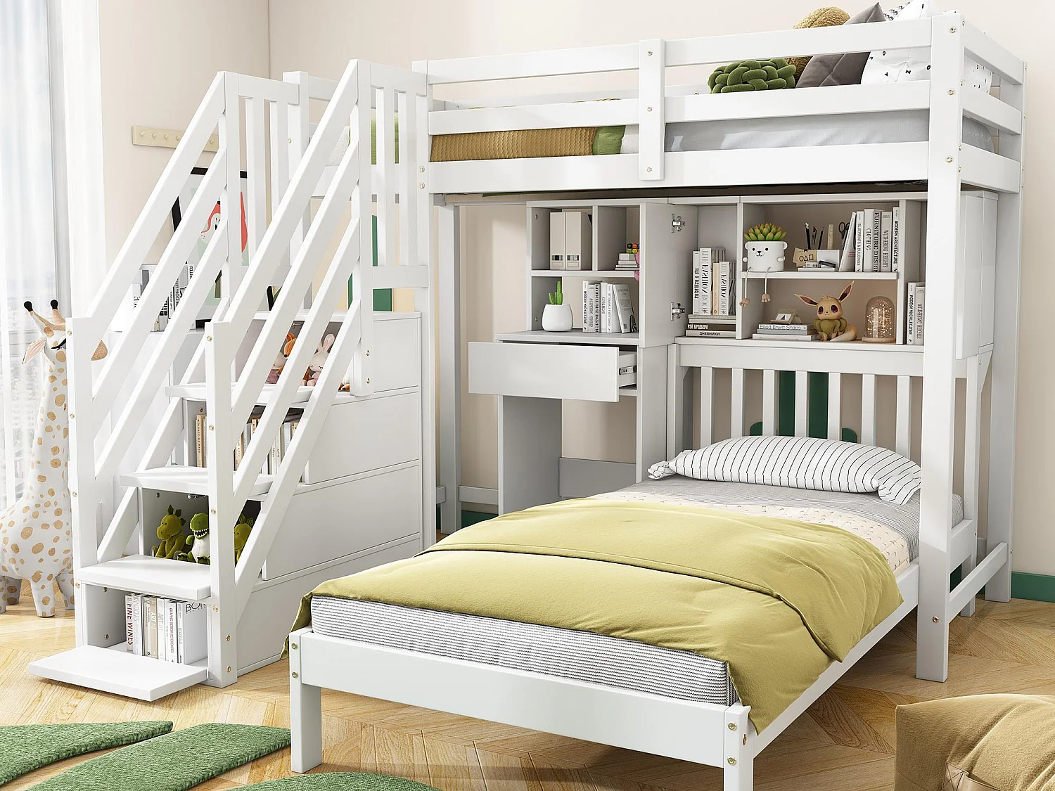 Massief grenen stapelbed - 90x200cm - met opbergtrap, bureau, planken en lattenbodem - Wit