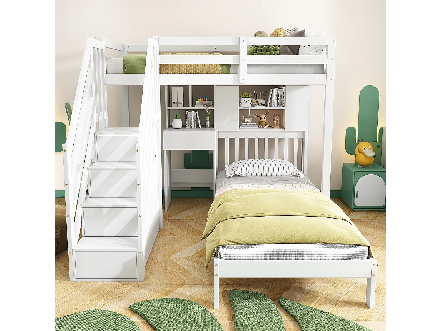 Massief grenen stapelbed - 90x200cm - met opbergtrap, bureau, planken en lattenbodem - Wit