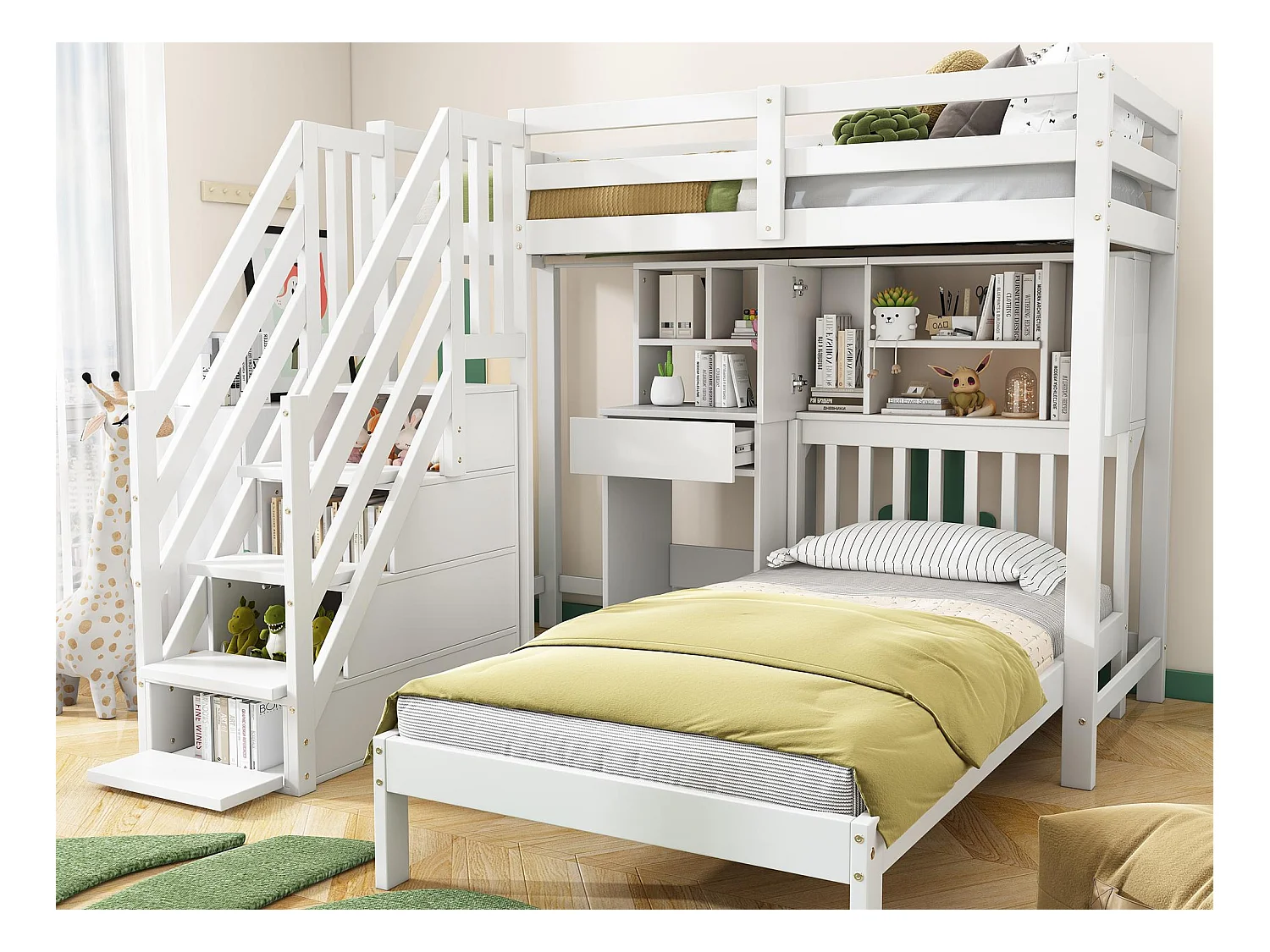 Lit superposé en pin massif - 90x200cm - avec escalier de rangement、bureau、étagères et sommier à lattes - Blanc