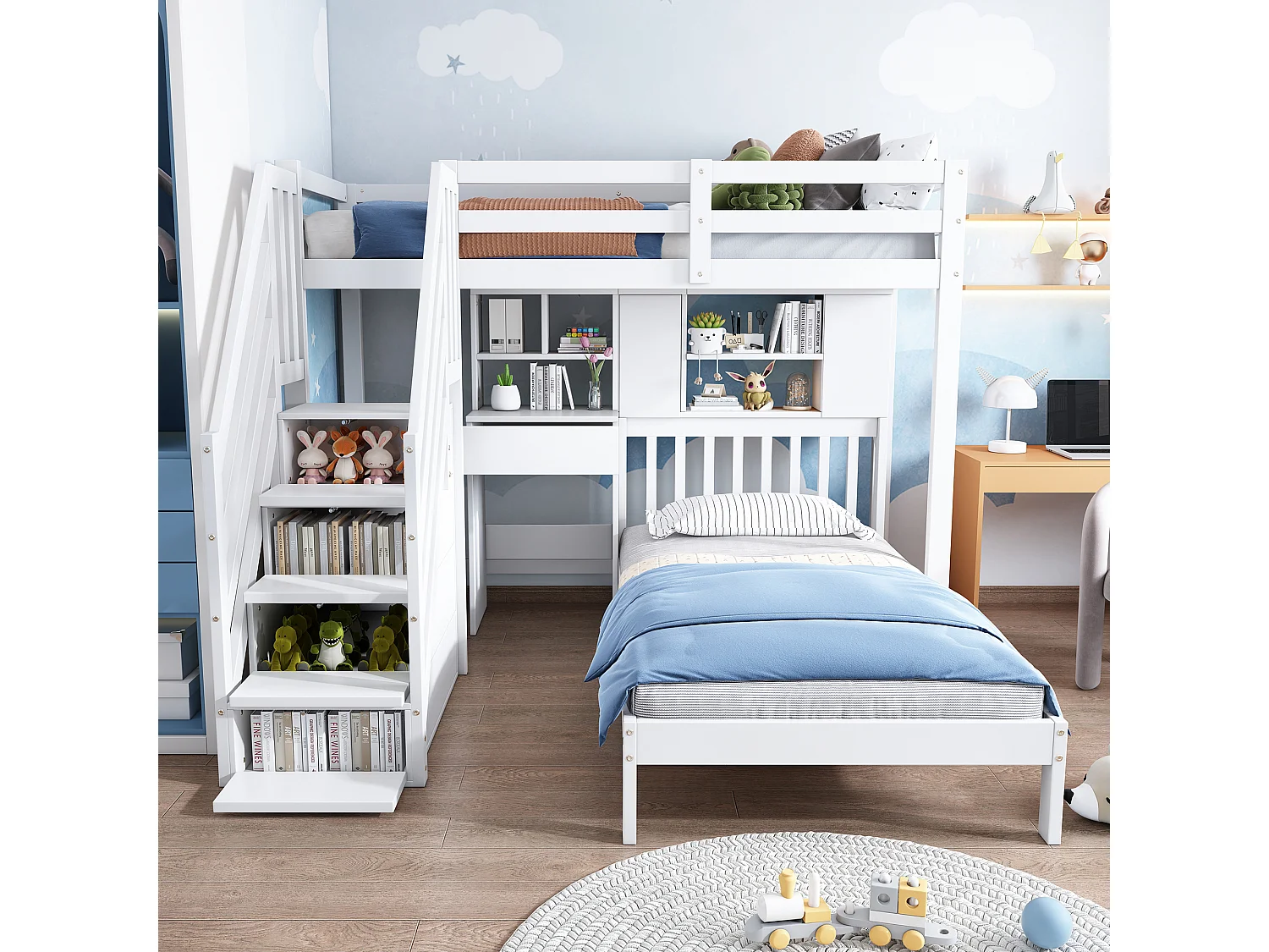 Etagenbett aus massivem Kiefernholz – 90 x 200 cm – mit Stauraumtreppe, Schreibtisch, Regalen und Lattenrost – Weiß