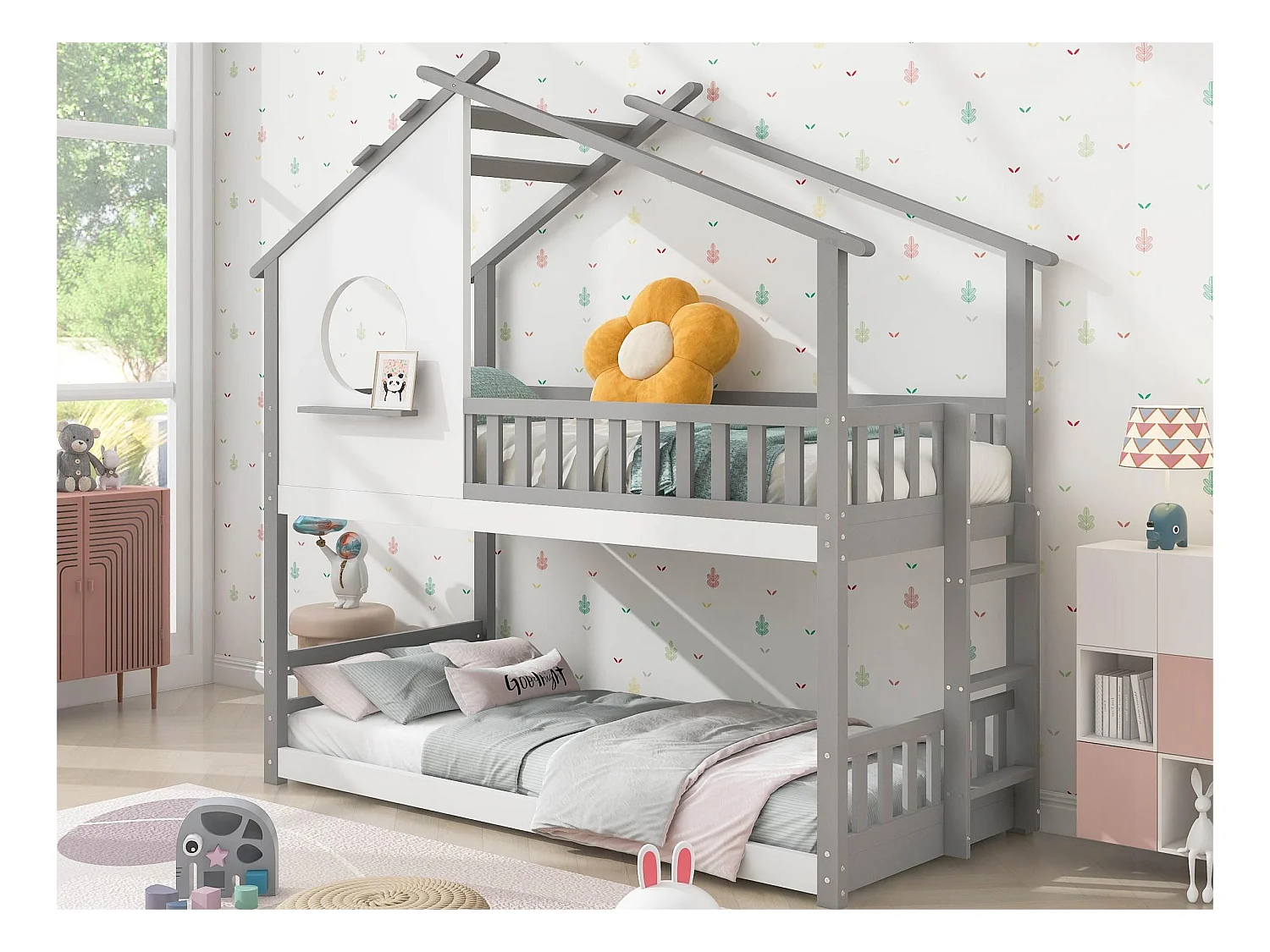 Etagenbett mit Lattenrost – 90x200cm – Kiefer – Grau