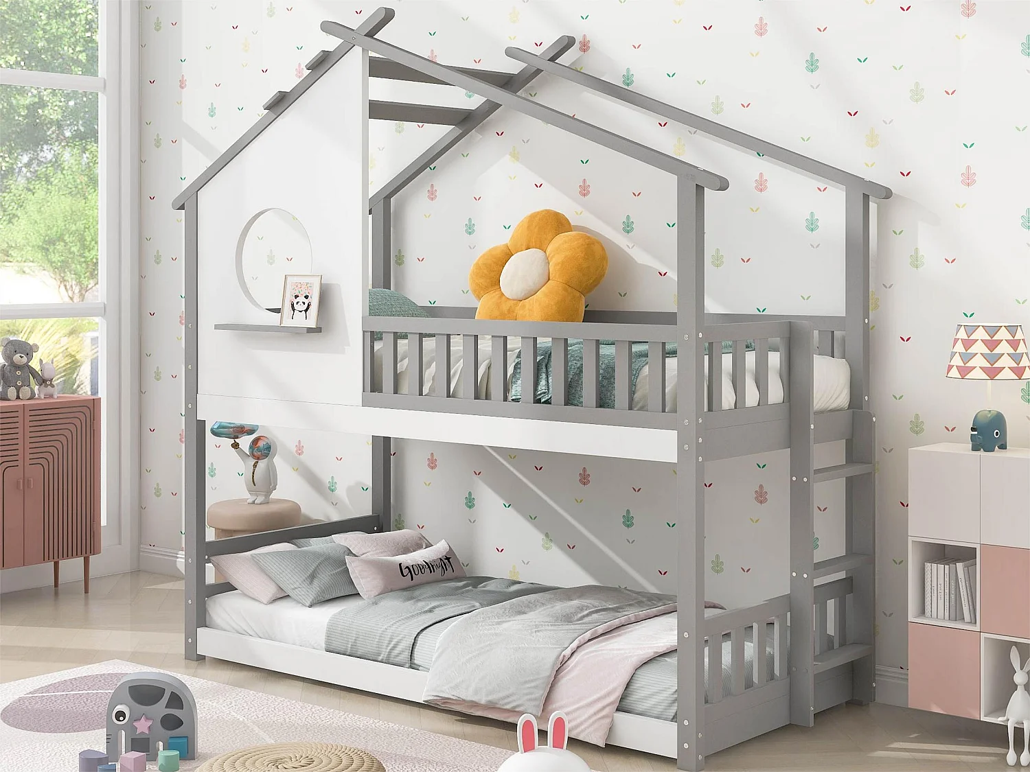 Etagenbett mit Lattenrost – 90x200cm – Kiefer – Grau