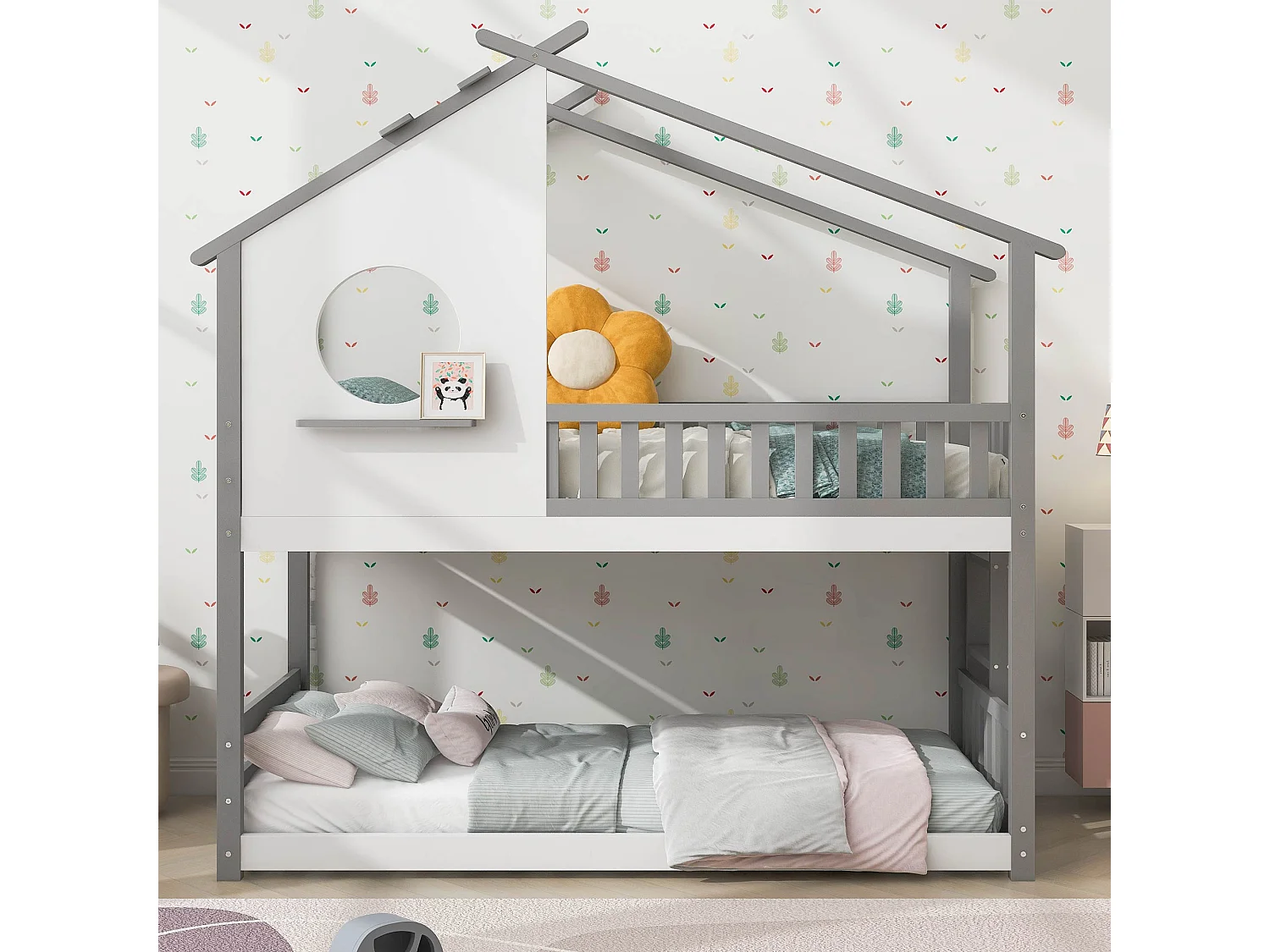 Etagenbett mit Lattenrost – 90x200cm – Kiefer – Grau