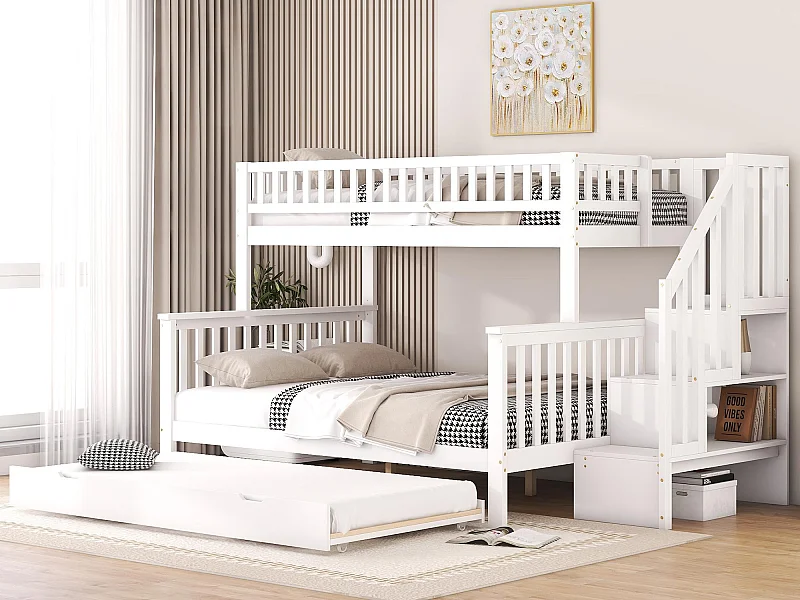 Lit superposé en bois - 2x90x200cm + 140x200cm - avec escalier de rangement - Blanc