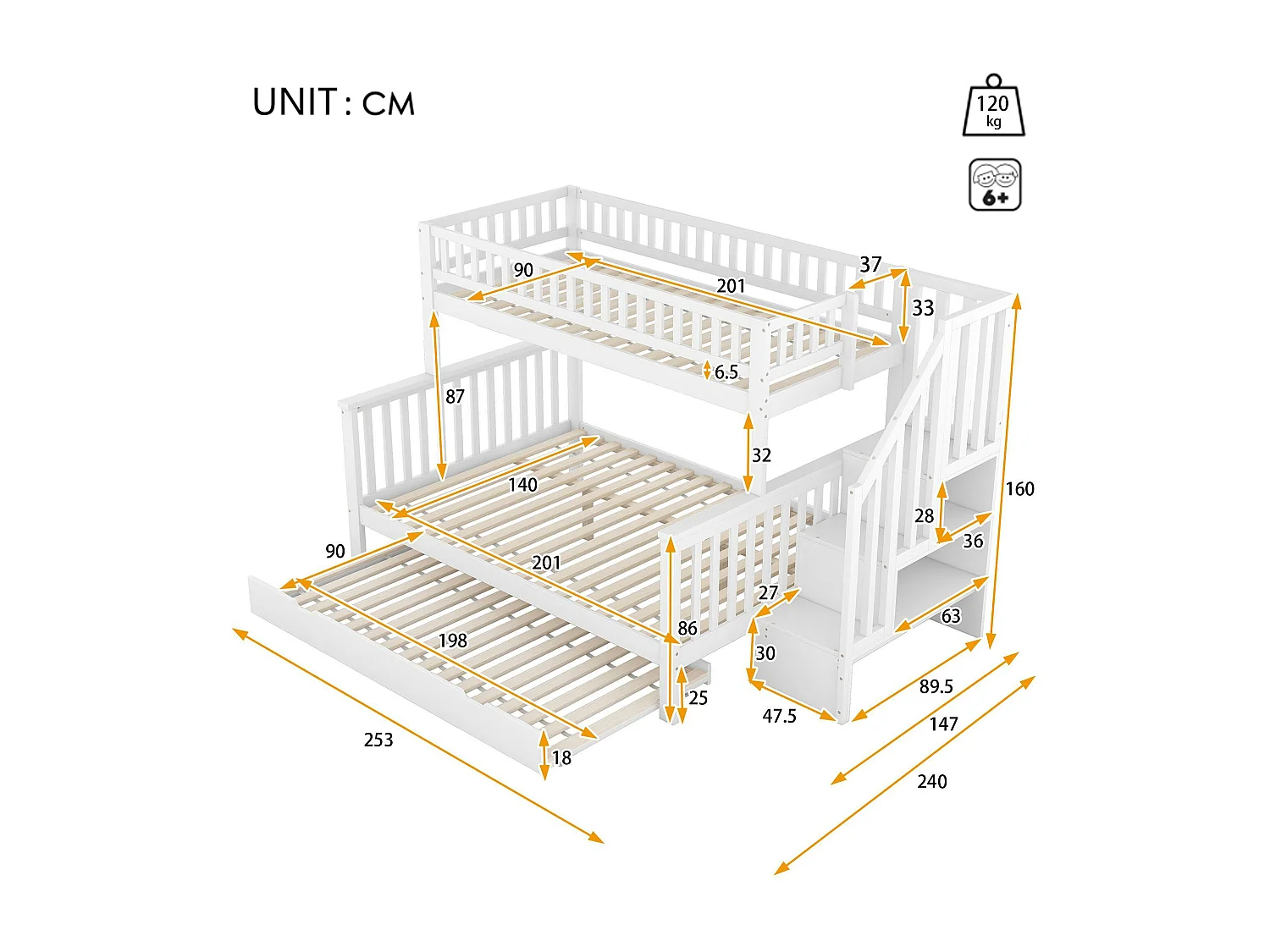 Etagenbett aus Holz – 2 x 90 x 200 cm + 140 x 200 cm – mit Stauraumtreppe – Weiß