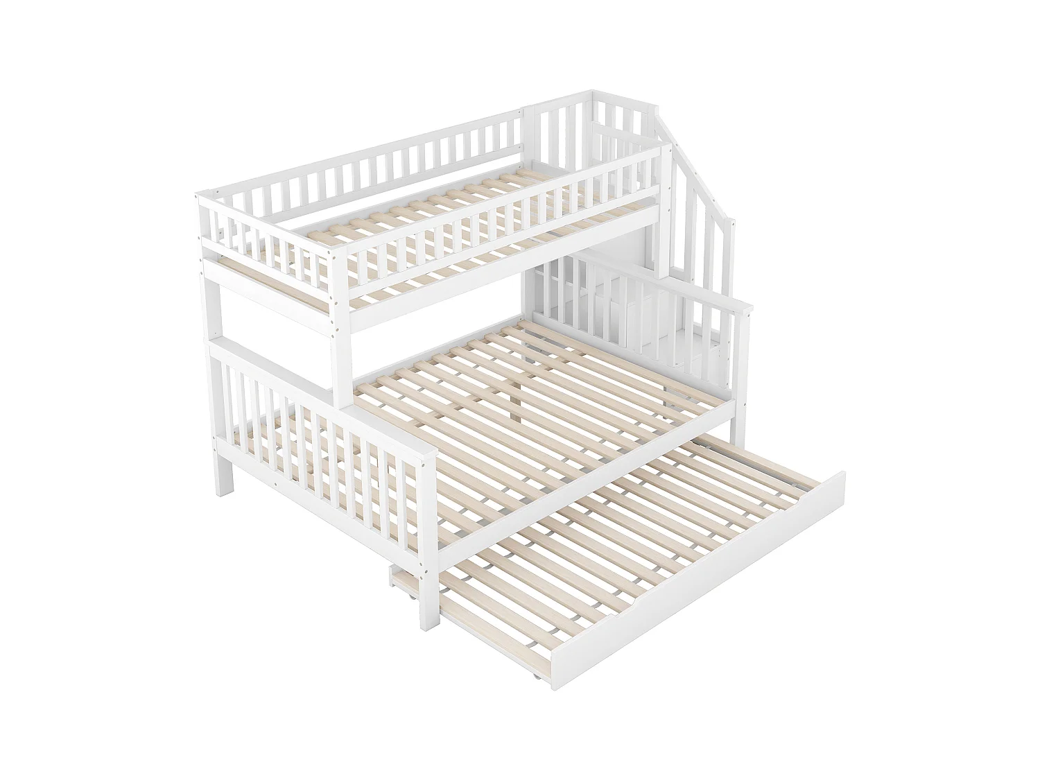 Etagenbett aus Holz – 2 x 90 x 200 cm + 140 x 200 cm – mit Stauraumtreppe – Weiß