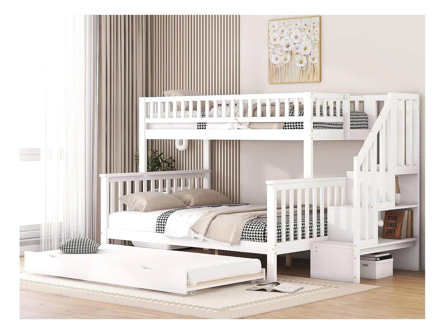 Lit superposé en bois - 2x90x200cm + 140x200cm - avec escalier de rangement - Blanc