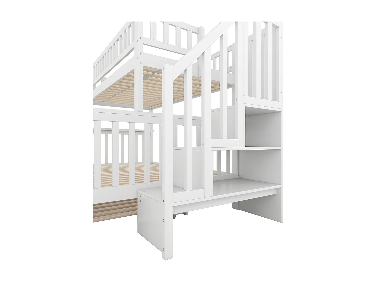 Letto a castello in legno - 2x90x200cm + 140x200cm - con scala portaoggetti - Bianco