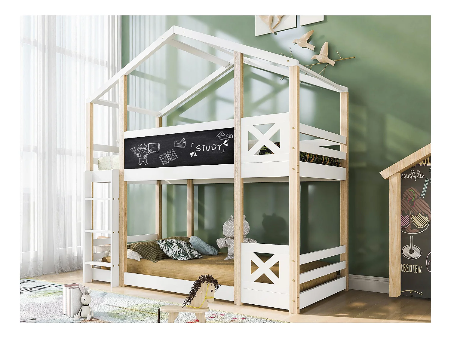 Lit superposé cabane en pin massif avec barrières anti-chutes + échelle + tableau noir - 90x200cm - Naturel & Blanc