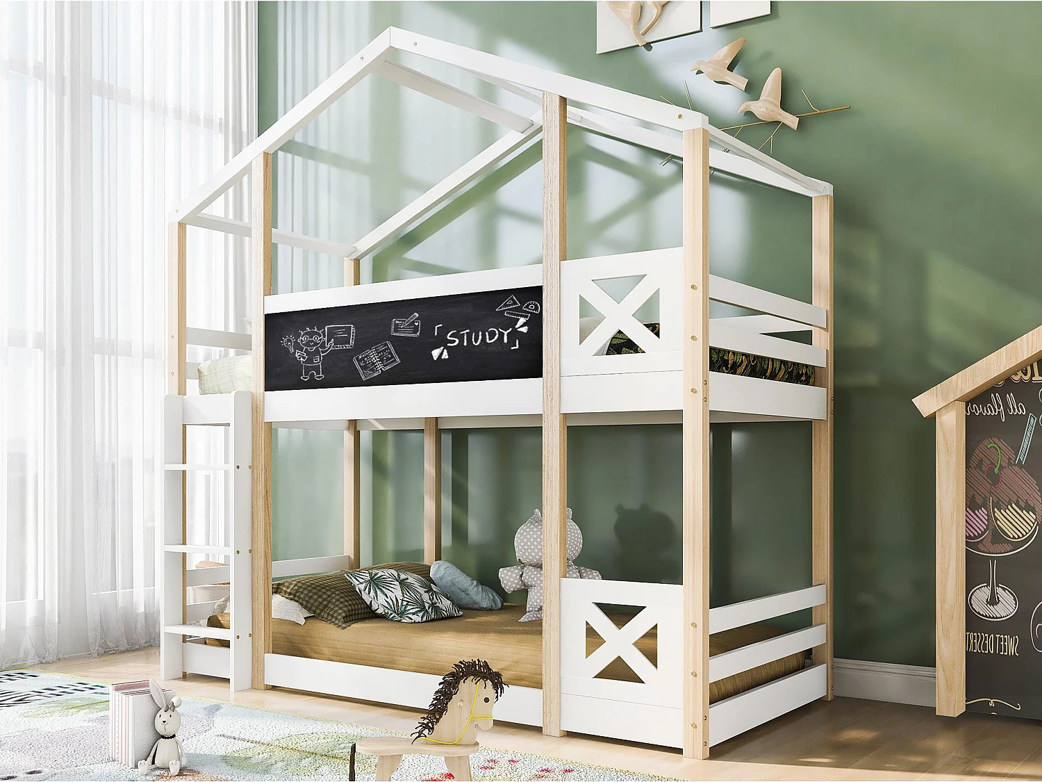 Etagenbett mit Absturzsicherung + Leiter + Tafel – 90 x 200 cm – massive Kiefer – naturfarben und weiß