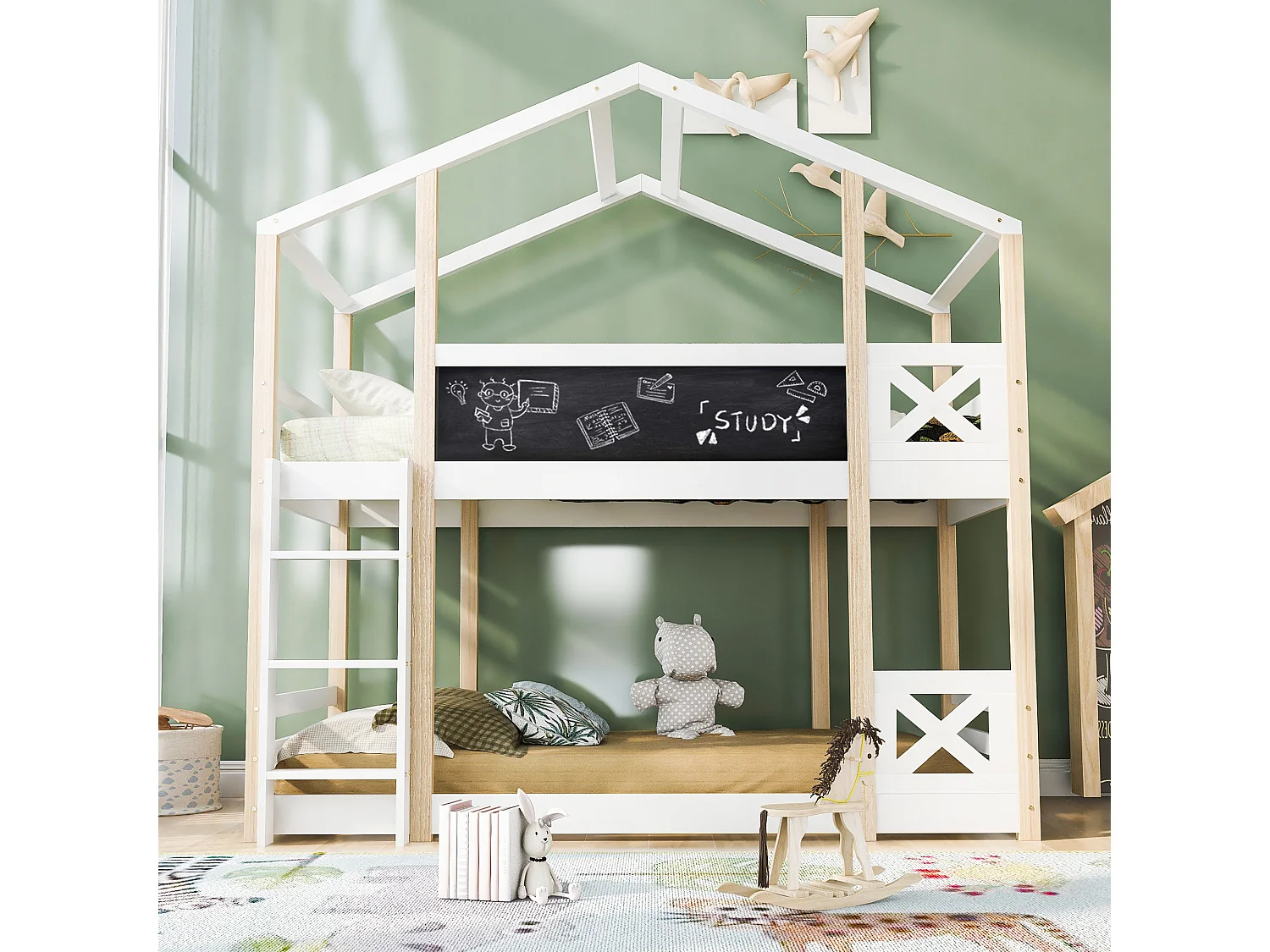 Etagenbett mit Absturzsicherung + Leiter + Tafel – 90 x 200 cm – massive Kiefer – naturfarben und weiß