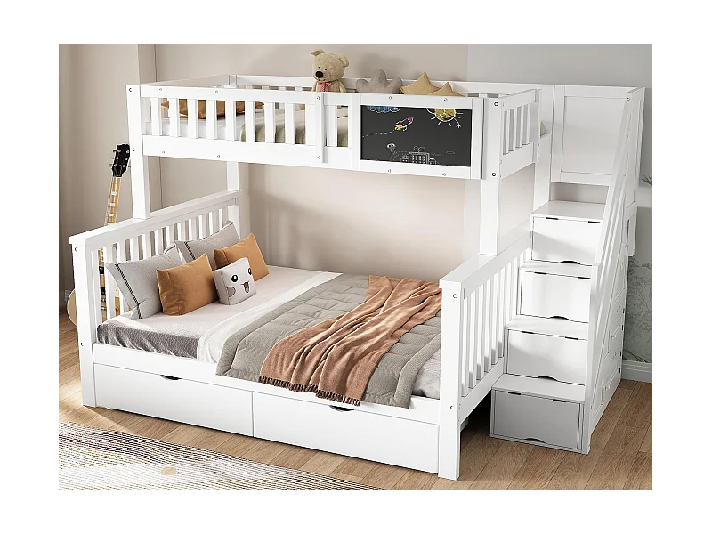 Etagenbett aus massivem Kiefernholz mit Schubladen und Stauraumtreppe – 90 x 200 cm + 140 x 200 cm – Weiß