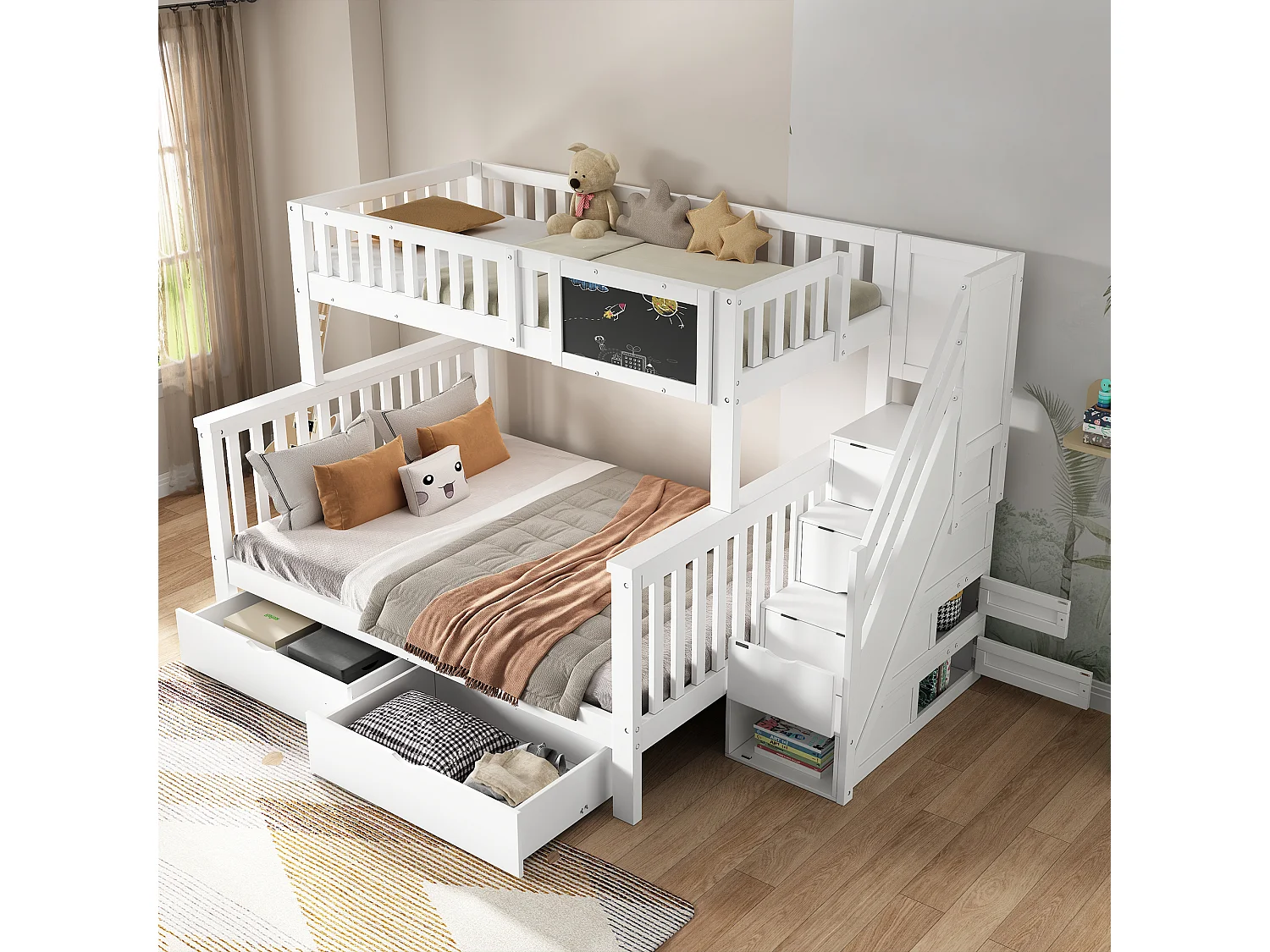 Etagenbett aus massivem Kiefernholz mit Schubladen und Stauraumtreppe – 90 x 200 cm + 140 x 200 cm – Weiß