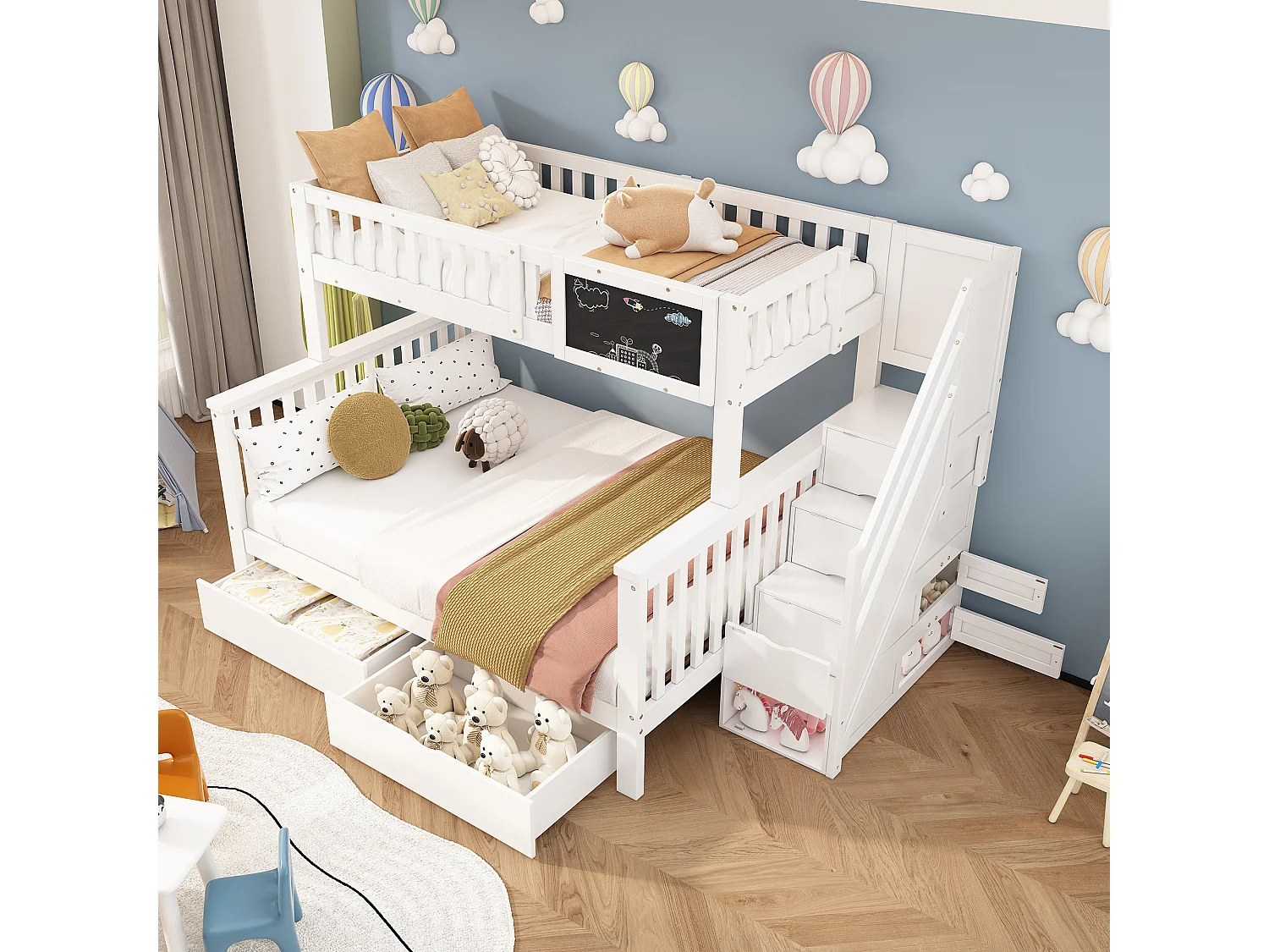 Etagenbett aus massivem Kiefernholz mit Schubladen und Stauraumtreppe – 90 x 200 cm + 140 x 200 cm – Weiß