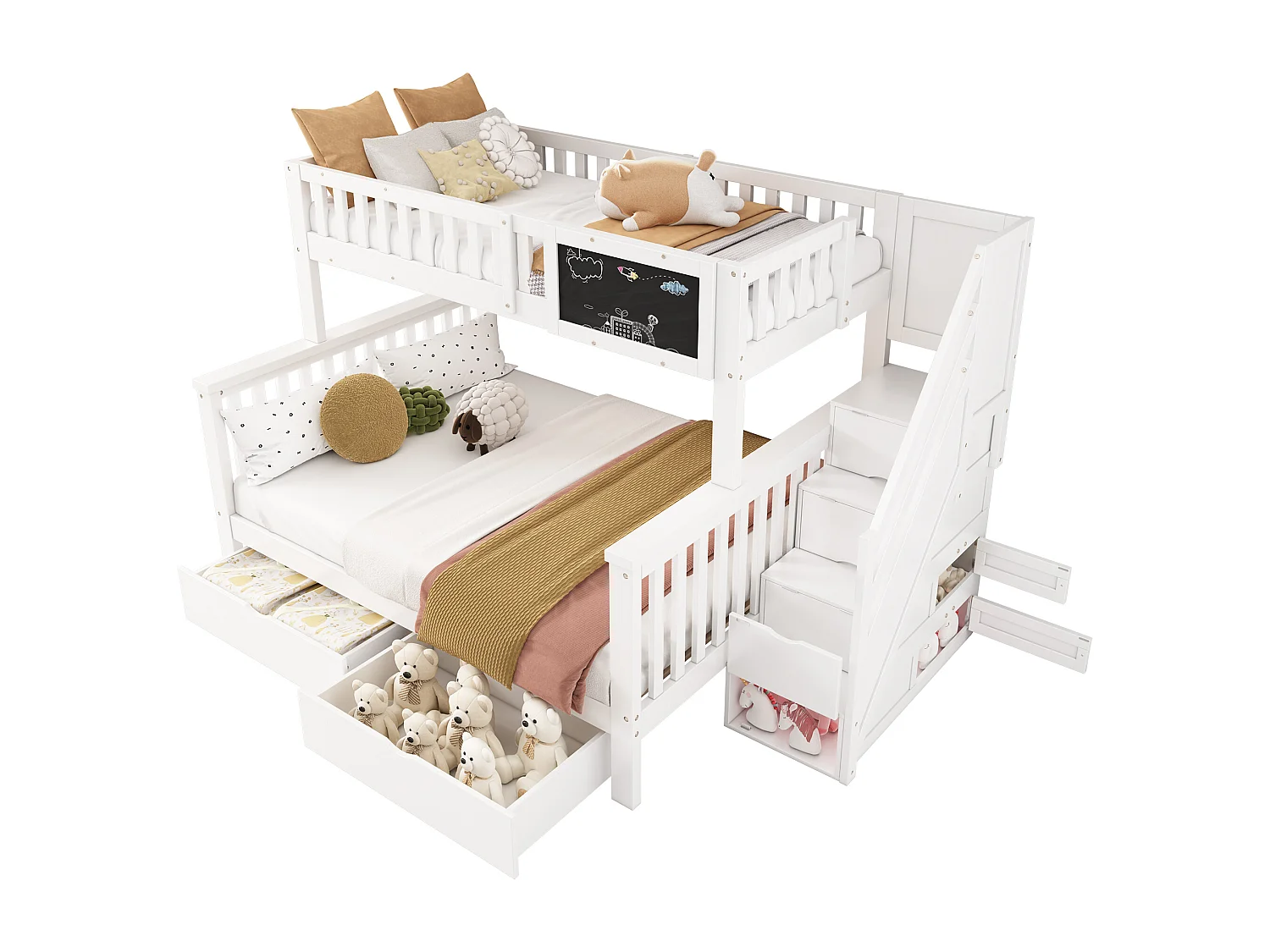 Etagenbett aus massivem Kiefernholz mit Schubladen und Stauraumtreppe – 90 x 200 cm + 140 x 200 cm – Weiß