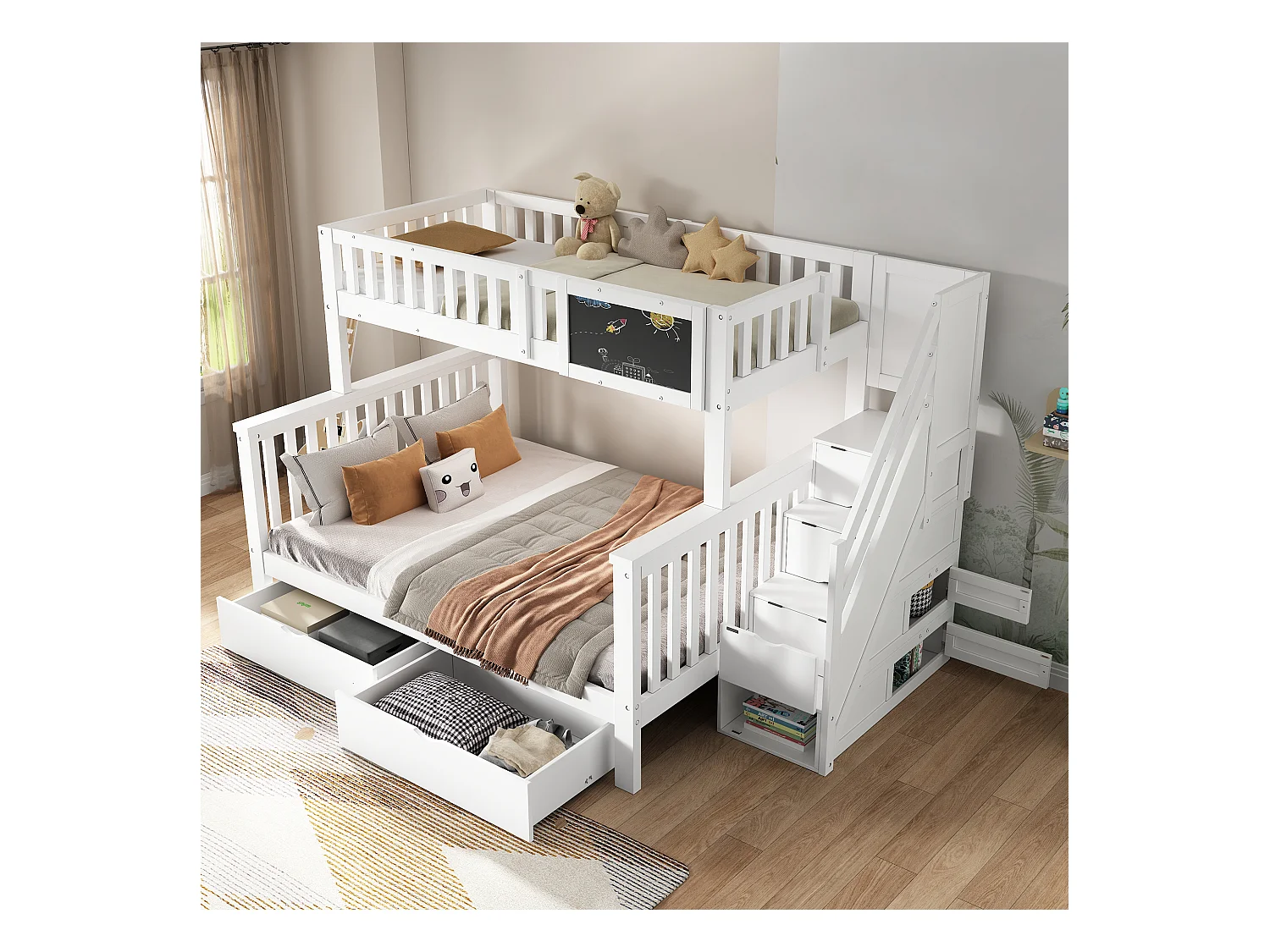 Massief grenen stapelbed met lades en opbergtrap - 90x200cm + 140x200cm - Wit