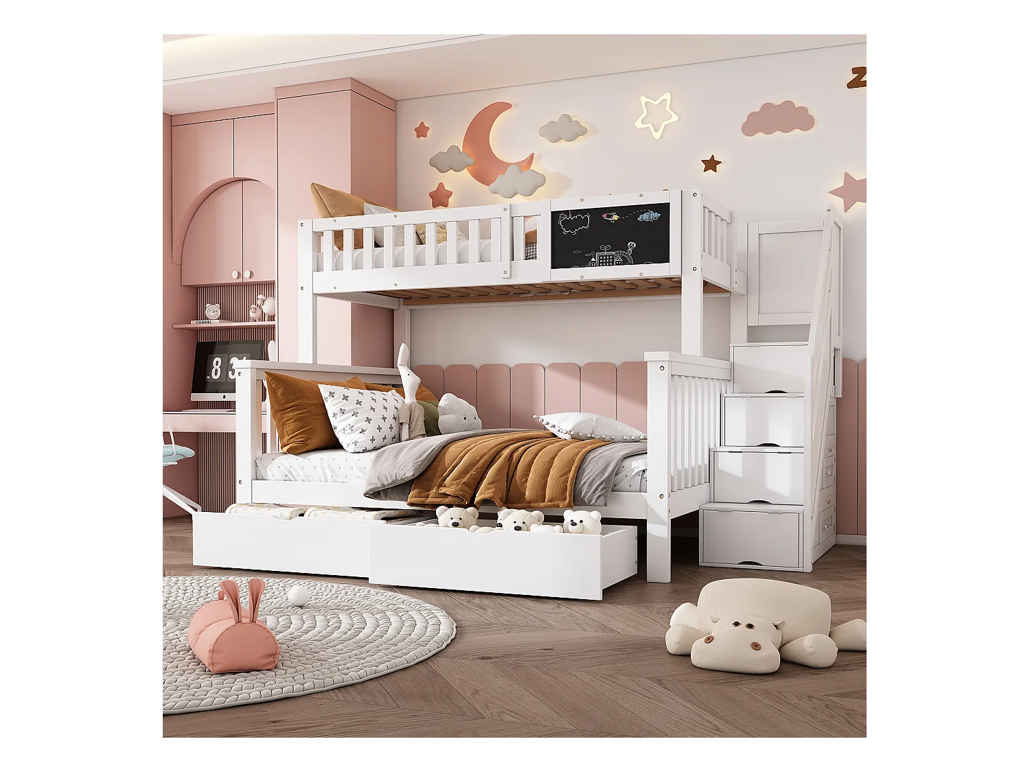 Massief grenen stapelbed met lades en opbergtrap - 90x200cm + 140x200cm - Wit