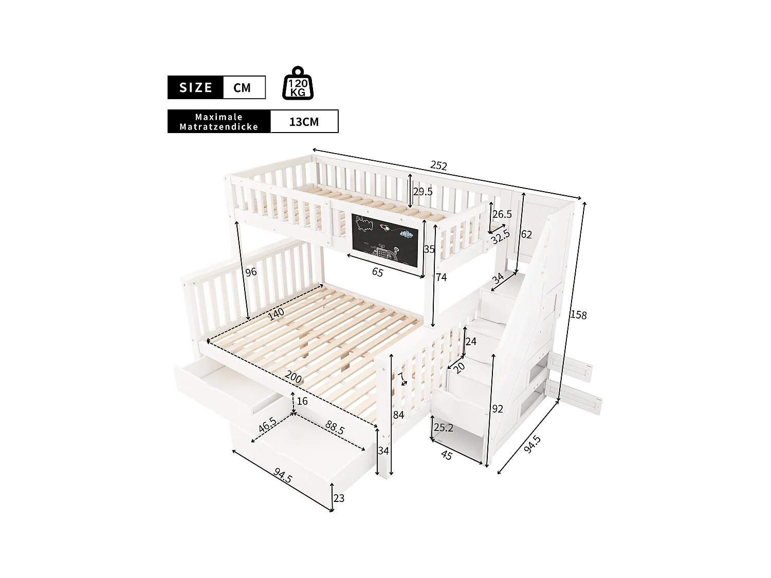 Massief grenen stapelbed met lades en opbergtrap - 90x200cm + 140x200cm - Wit