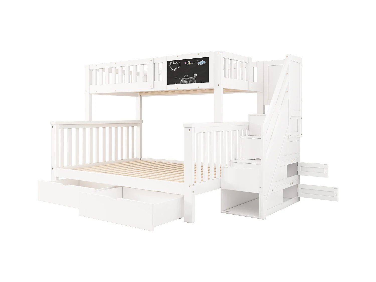 Massief grenen stapelbed met lades en opbergtrap - 90x200cm + 140x200cm - Wit