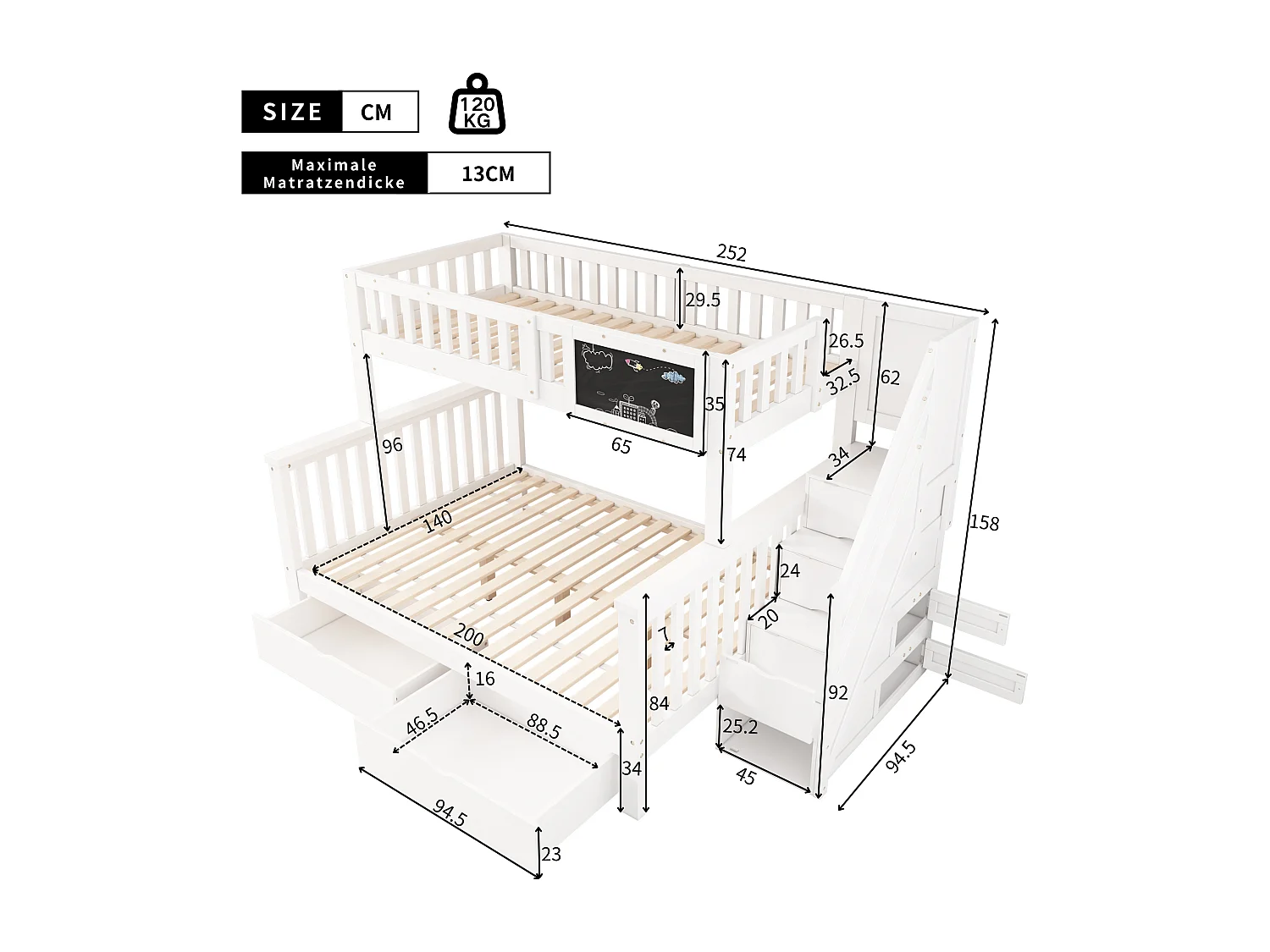 Litera de pino macizo con cajones y escalera de almacenaje - 90x200cm + 140x200cm - Blanco