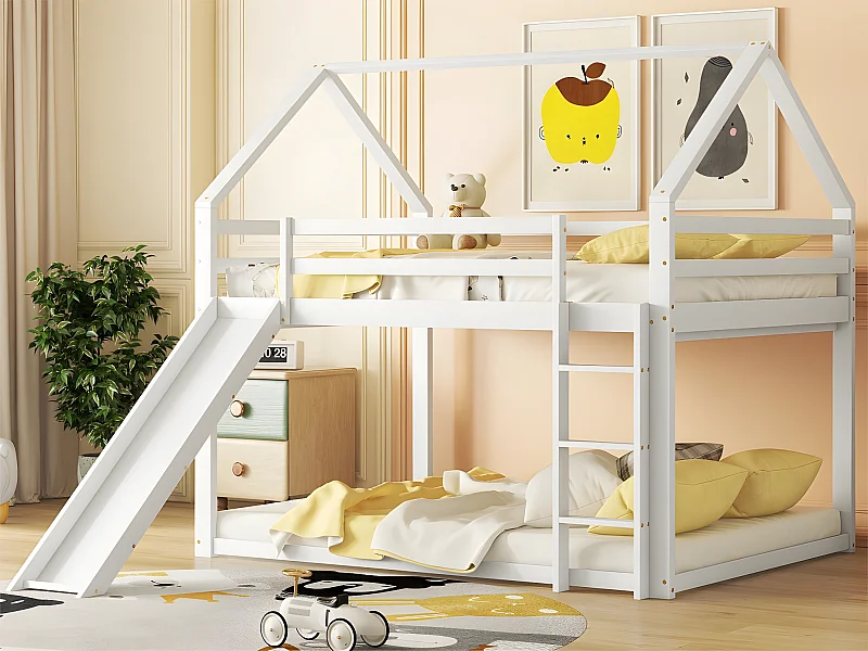 Hochbett mit Rutsche und Leiter – 140 x 200 cm – Rahmen aus massivem Kiefernholz – Weiß