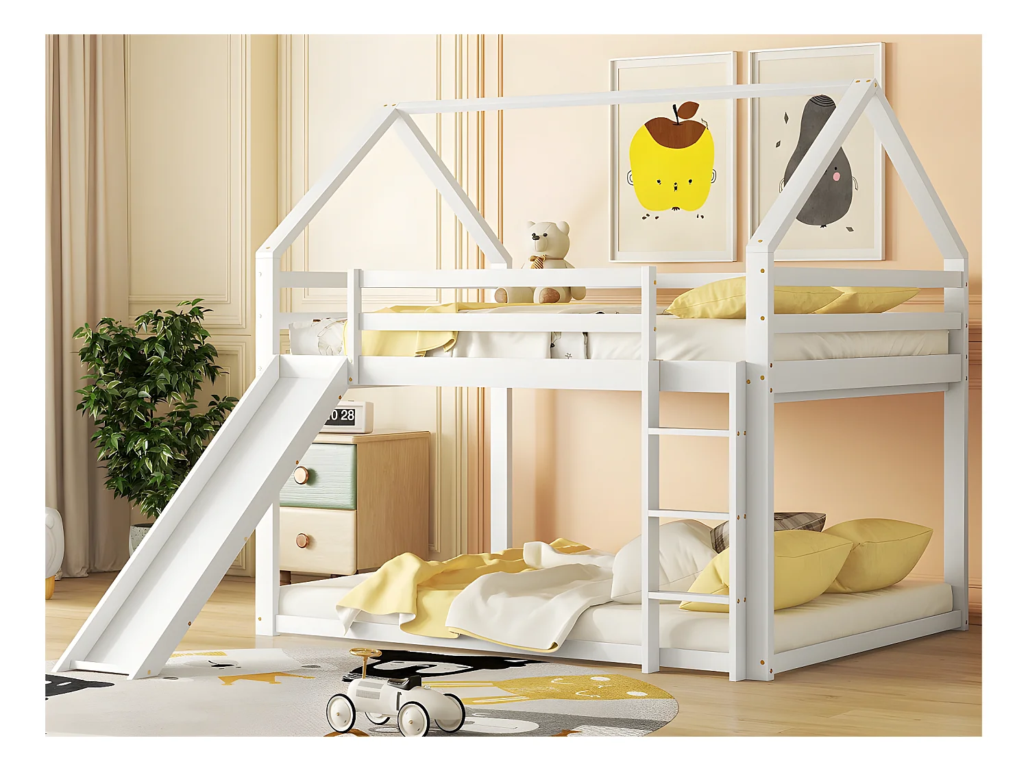 Lit superposé cabane avec toboggan et échelle - 140x200cm - cadre en pin massif - Blanc