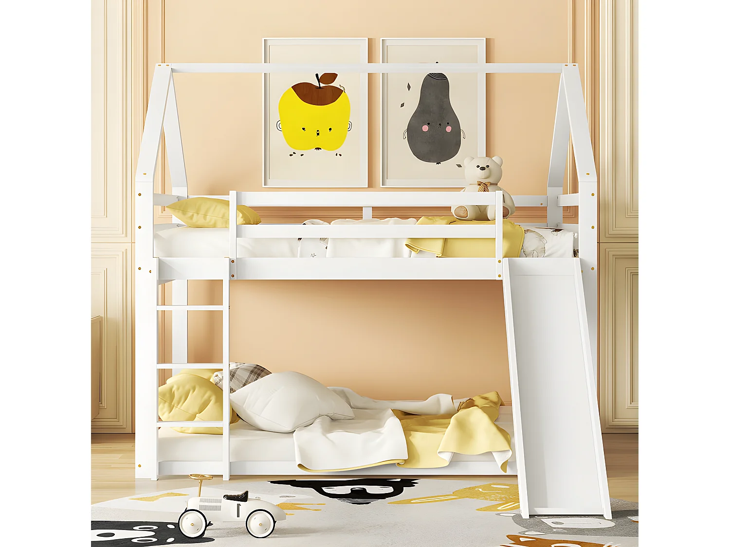 Litera de cabina con tobogán y escalera - 140x200 cm - estructura de pino macizo - Blanco