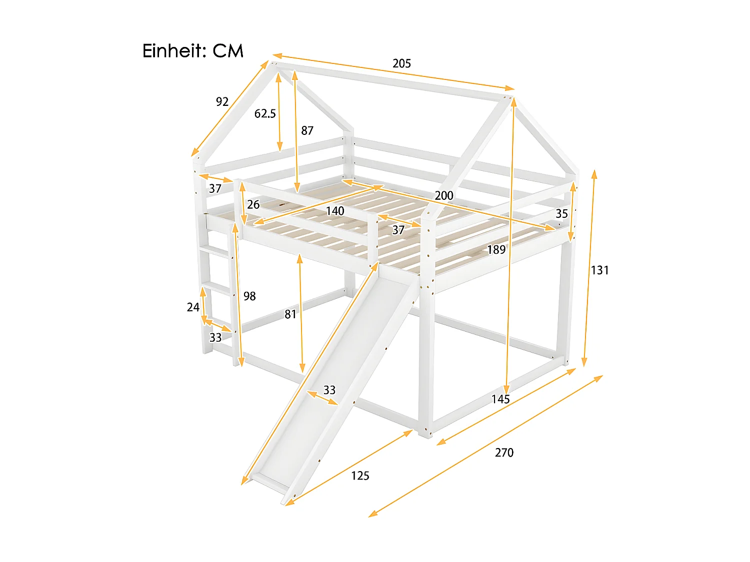 Litera de cabina con tobogán y escalera - 140x200 cm - estructura de pino macizo - Blanco