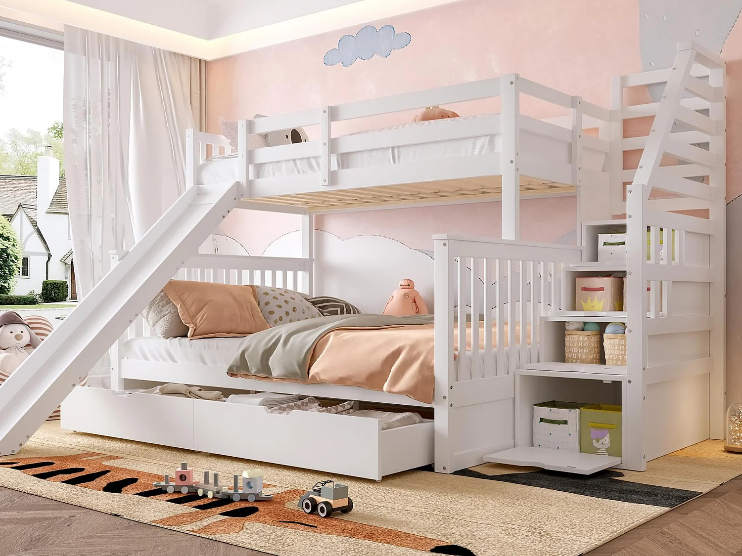 Lit superposé en bois massif - 90x200cm + 140x200cm - avec escalier de rangement et toboggan - Blanc