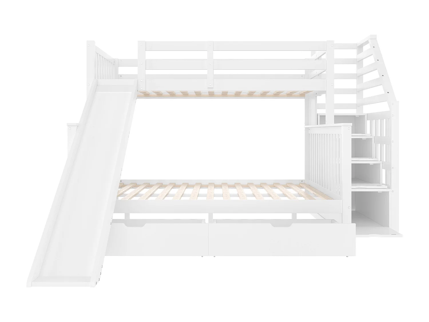 Lit superposé en bois massif - 90x200cm + 140x200cm - avec escalier de rangement et toboggan - Blanc