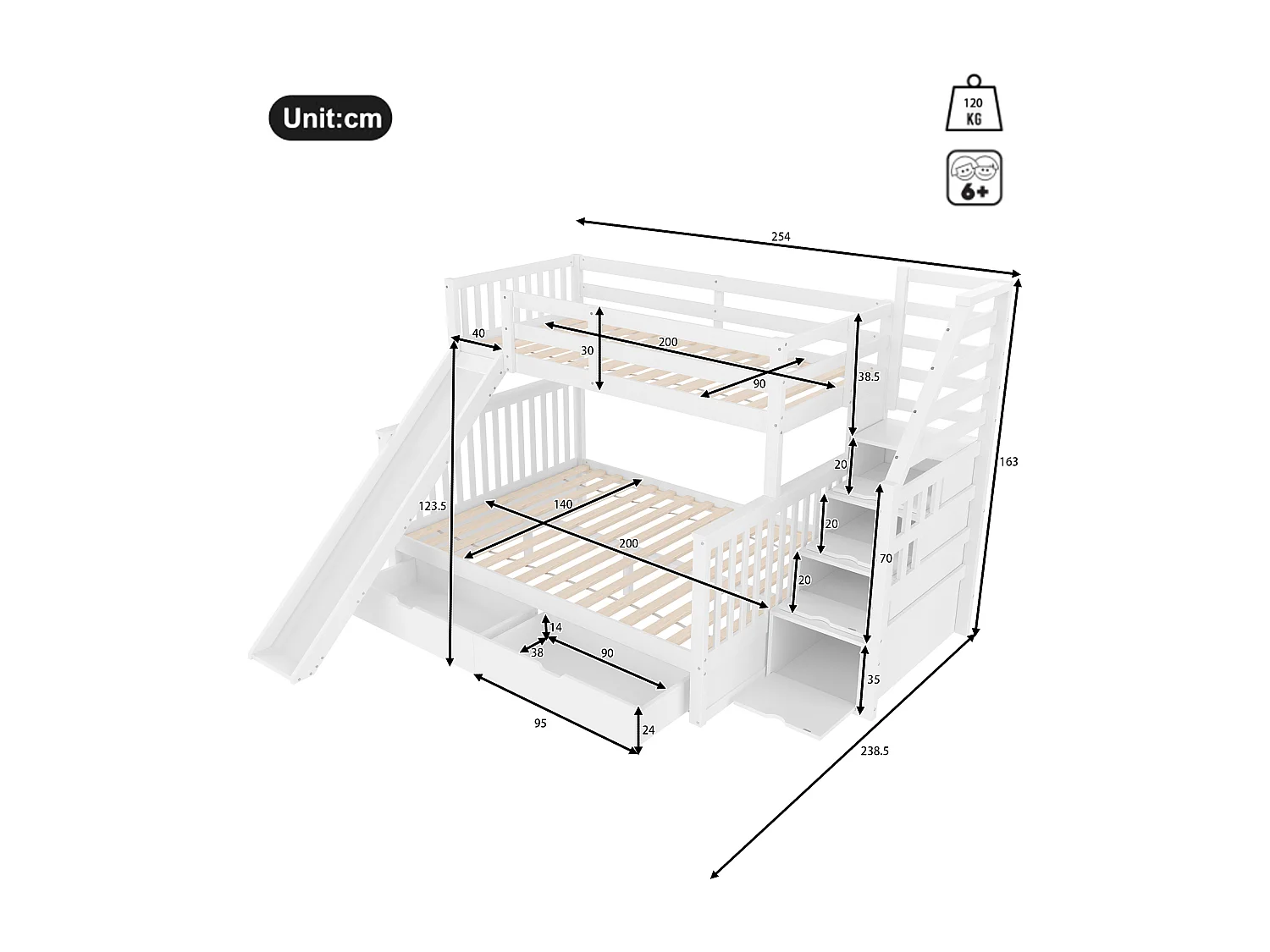 Lit superposé en bois massif - 90x200cm + 140x200cm - avec escalier de rangement et toboggan - Blanc