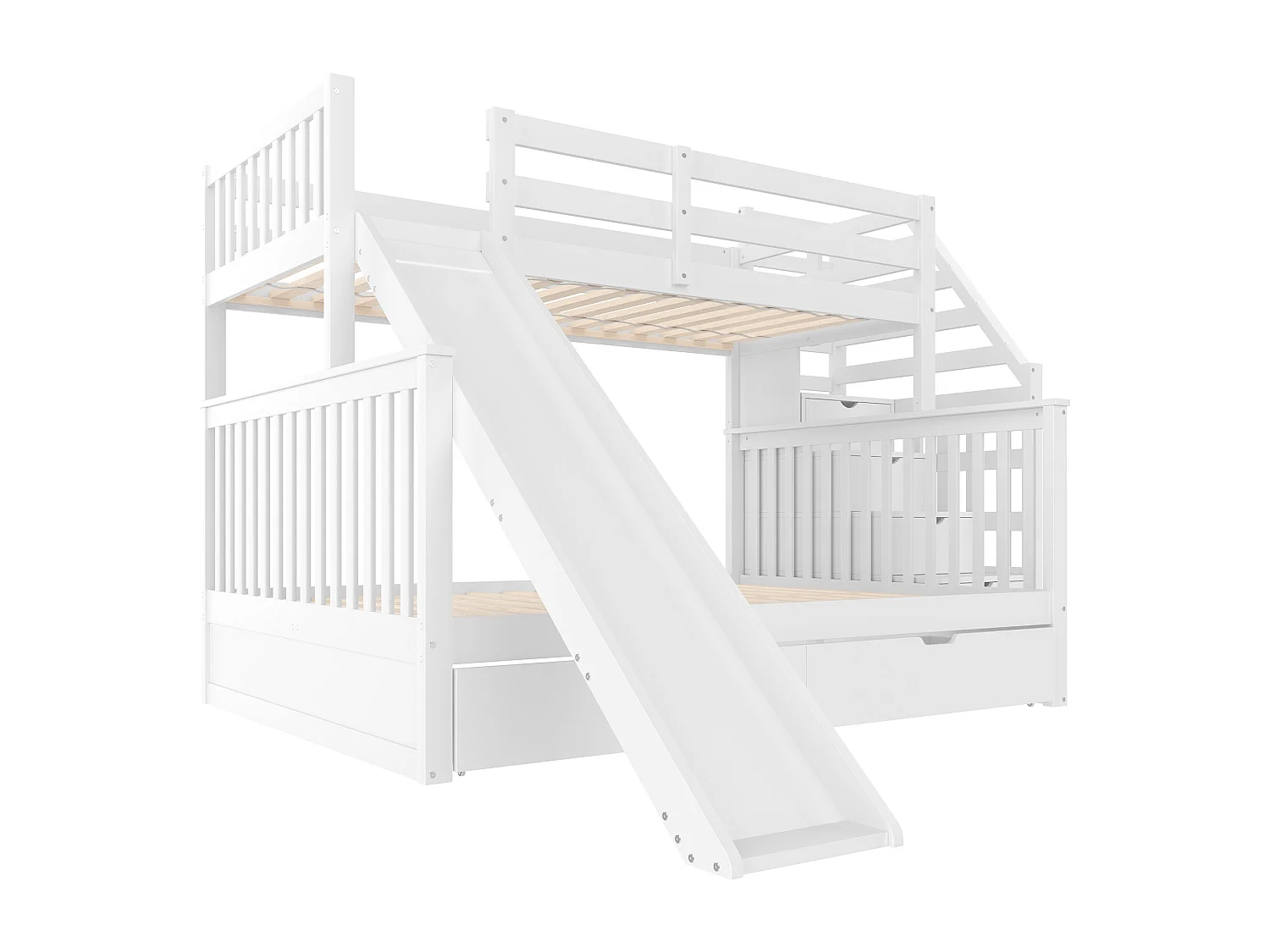 Lit superposé en bois massif - 90x200cm + 140x200cm - avec escalier de rangement et toboggan - Blanc