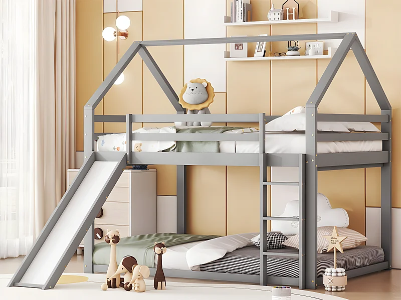 Kajuitstapelbed met glijbaan en ladder - 140x200cm - frame massief grenen - Grijs