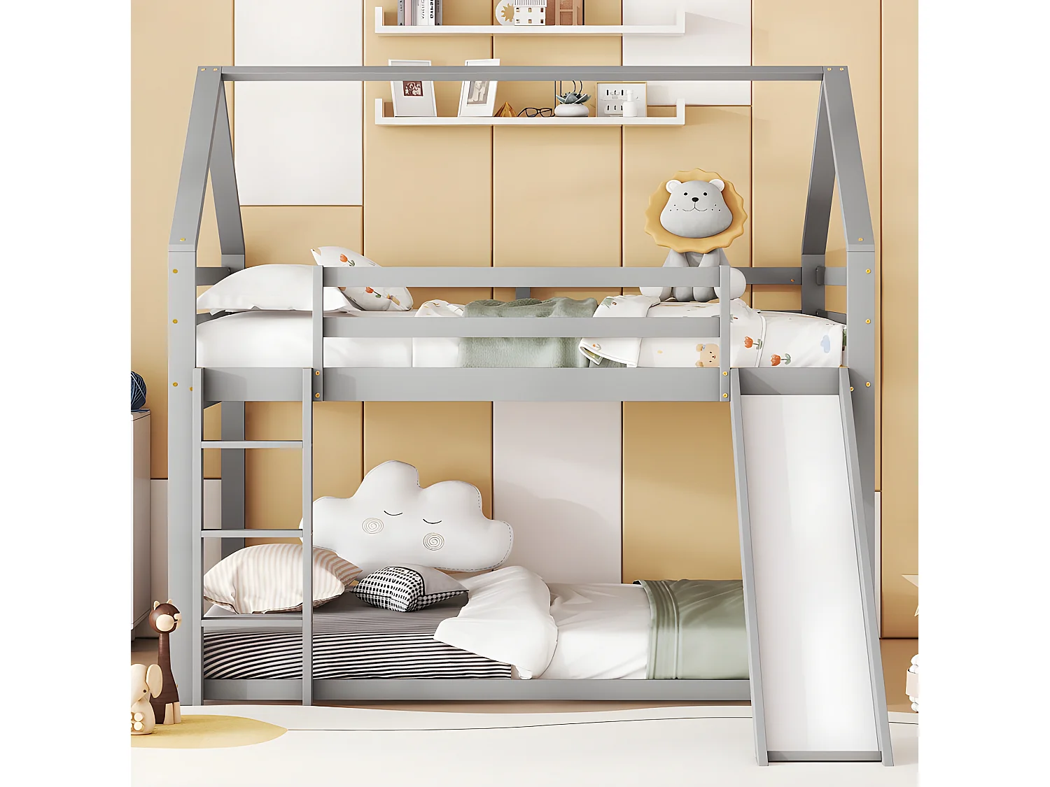 Lit superposé cabane avec toboggan et échelle - 140x200cm - cadre en pin massif - Gris