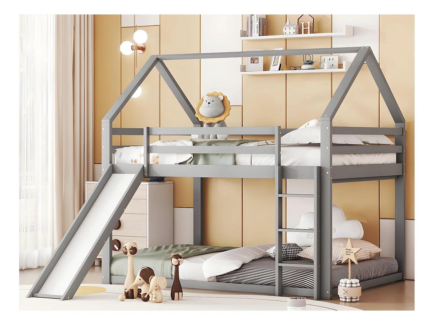 Lit superposé cabane avec toboggan et échelle - 140x200cm - cadre en pin massif - Gris