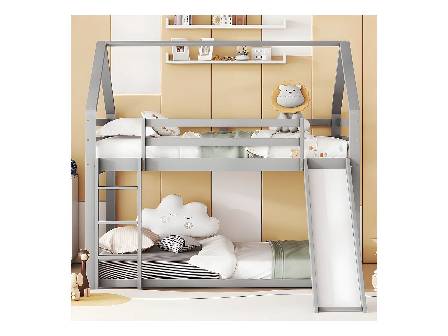 Hochbett mit Rutsche und Leiter – 140 x 200 cm – Rahmen aus massivem Kiefernholz – Grau