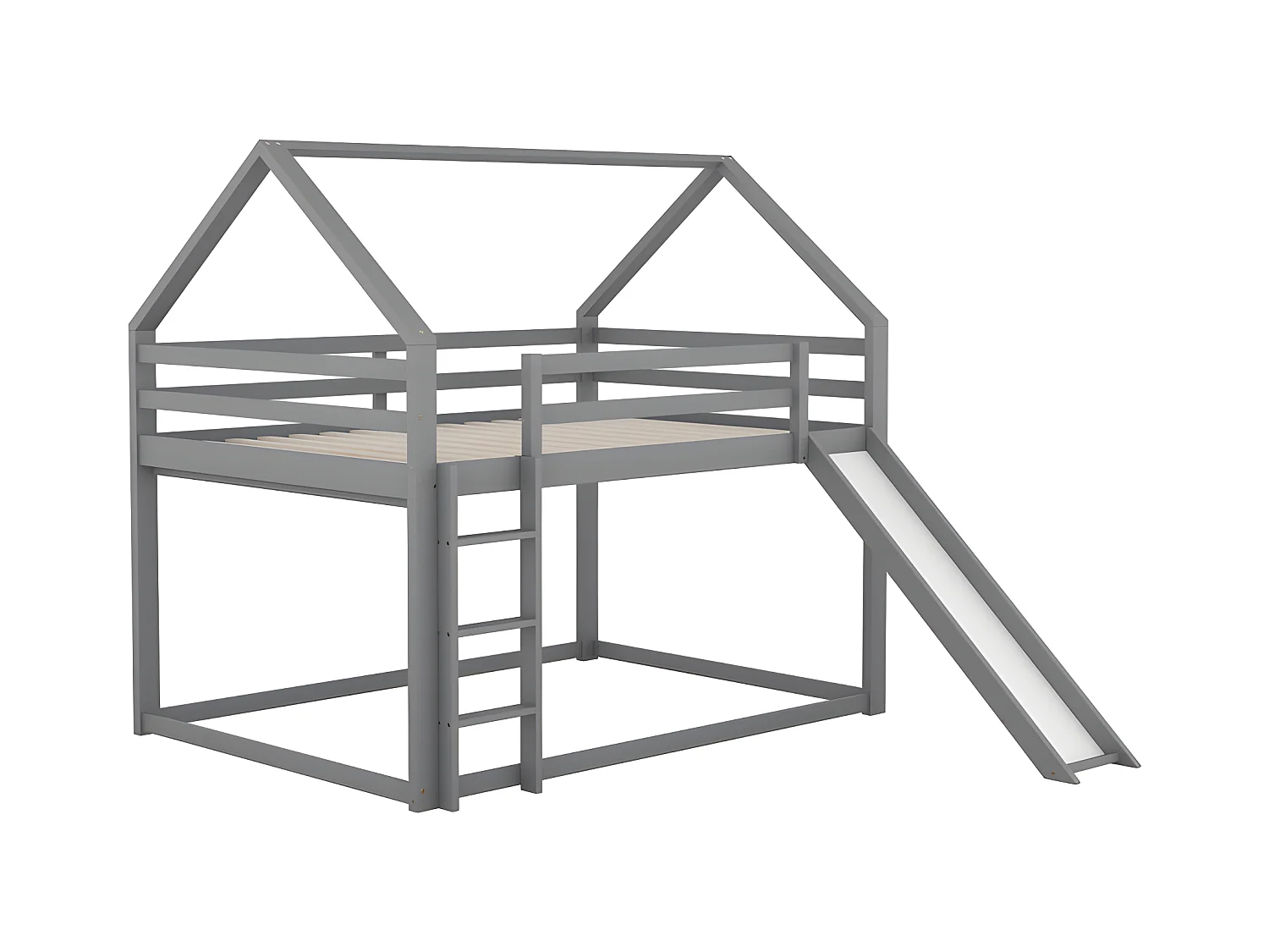 Hochbett mit Rutsche und Leiter – 140 x 200 cm – Rahmen aus massivem Kiefernholz – Grau