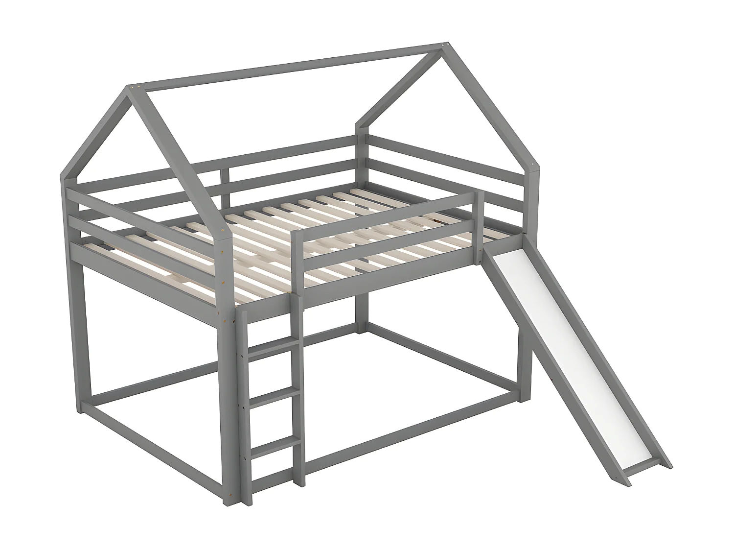 Hochbett mit Rutsche und Leiter – 140 x 200 cm – Rahmen aus massivem Kiefernholz – Grau