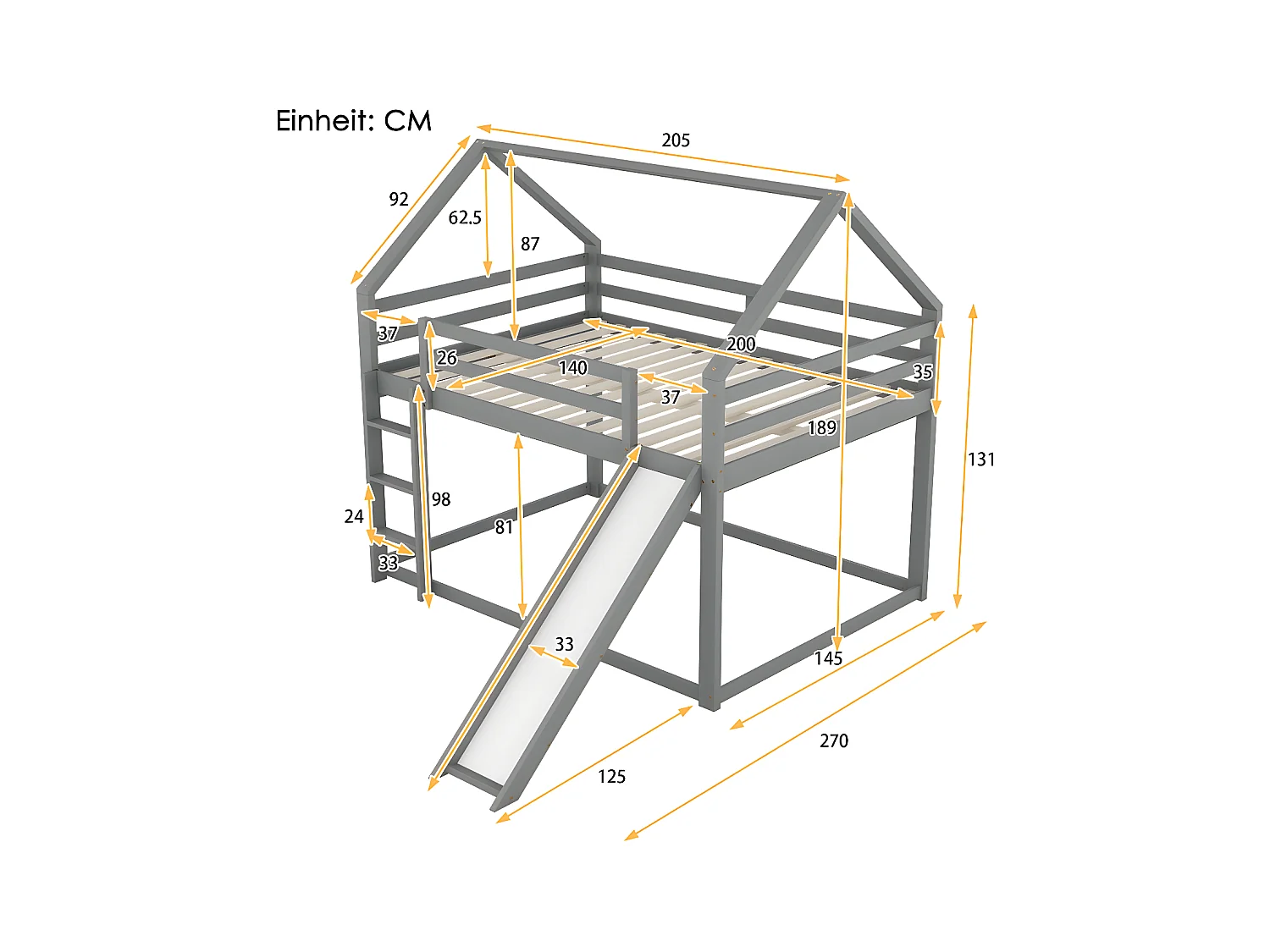 Hochbett mit Rutsche und Leiter – 140 x 200 cm – Rahmen aus massivem Kiefernholz – Grau