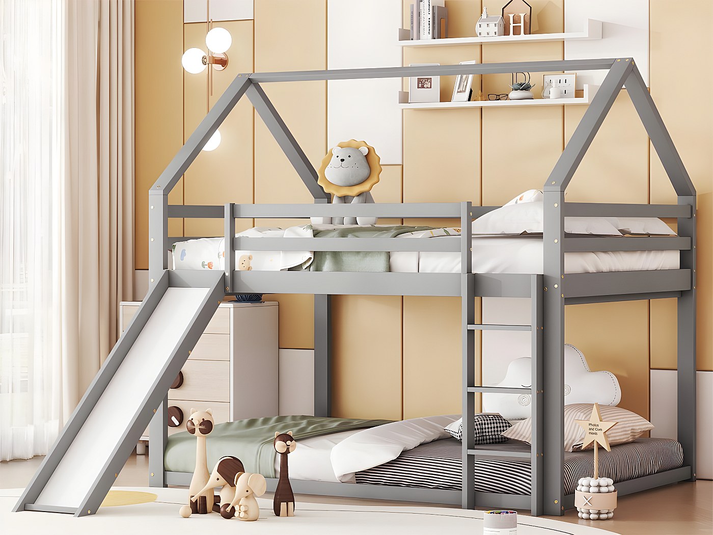 Letto A Castello Per Bambini 90x200 Cm Con Scivolo, Armadio A Scala, Cassetti E Scaffali | Bianco | Sicuro EN747-1:2024